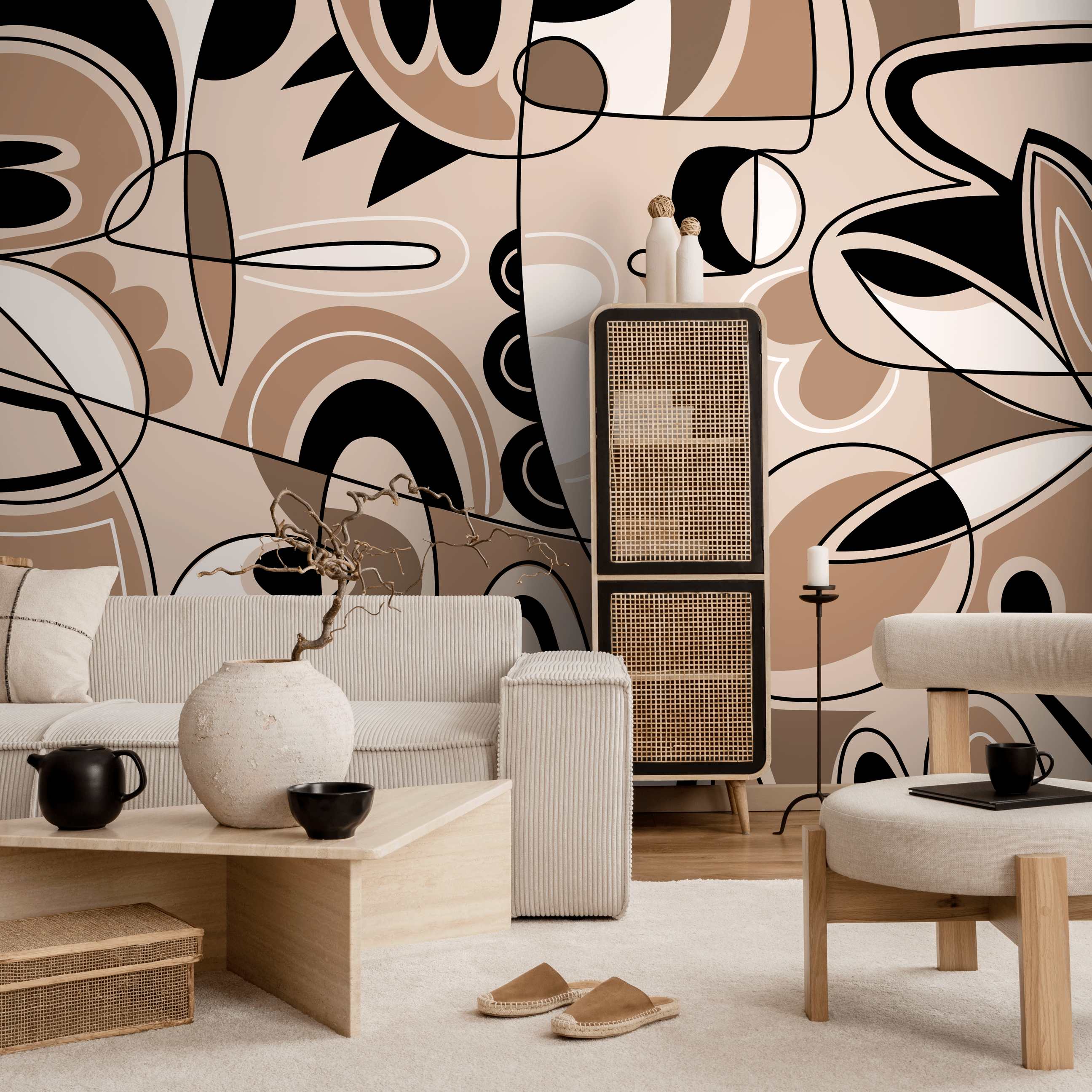 Abstract Wallpaper With Modern Cubist Line Art In Brown, Black, And Cream - D559