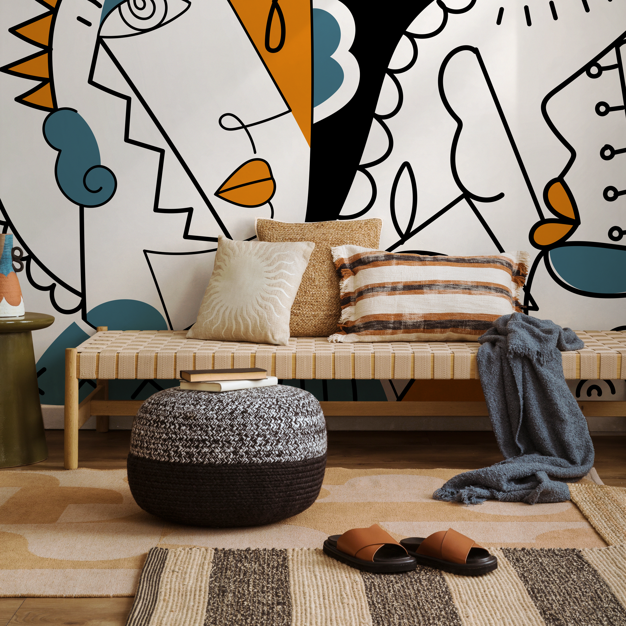 Abstract Wallpaper Featuring Modern Cubist Faces In Orange, Blue, And Black - D565