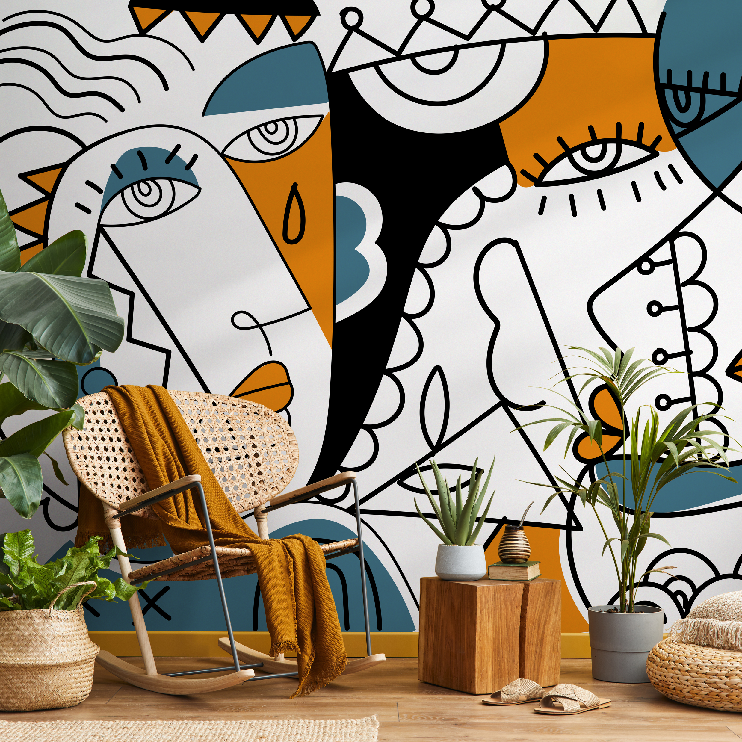 Abstract Wallpaper Featuring Modern Cubist Faces In Orange, Blue, And Black - D565