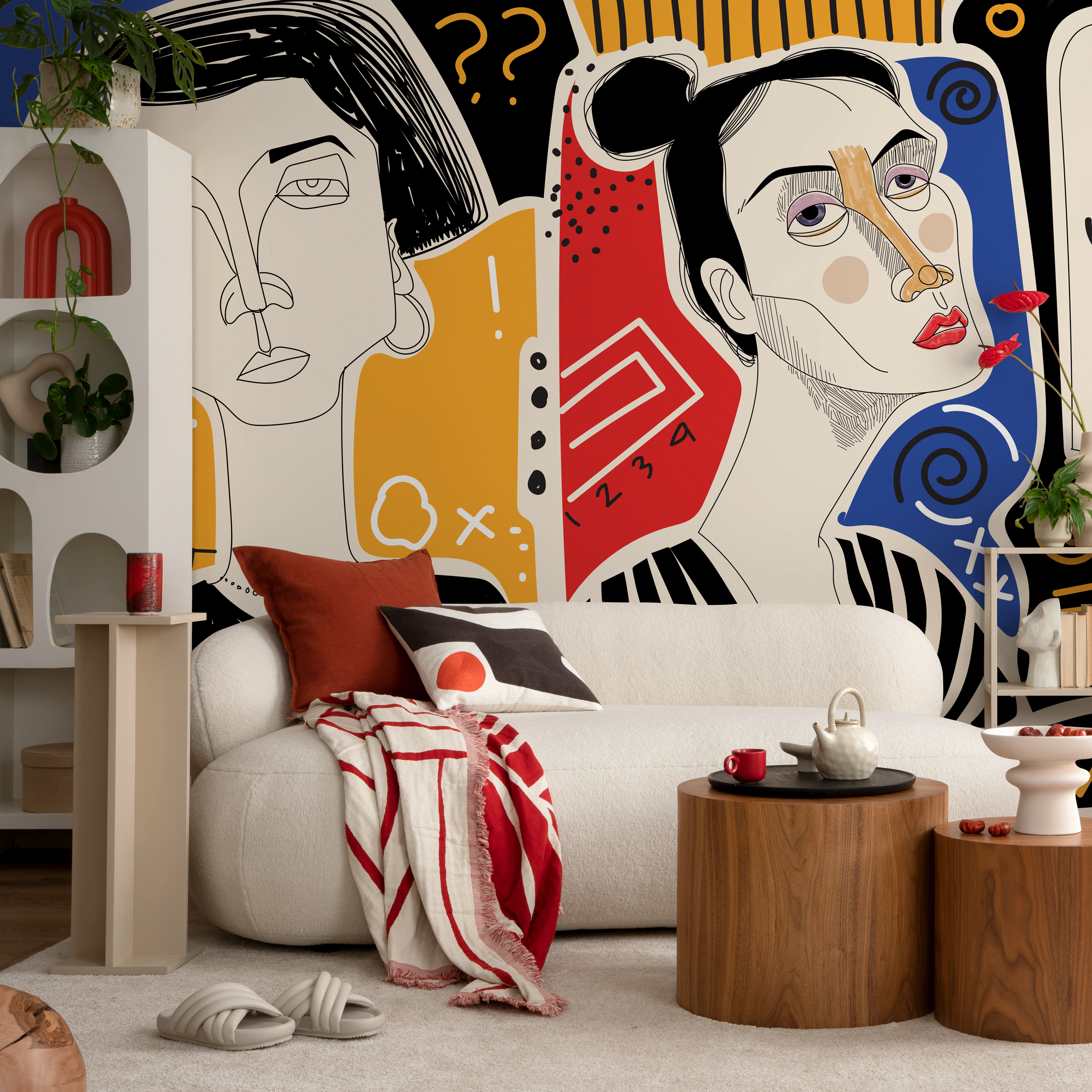 Abstract Wallpaper With Hand-drawn Faces In Red, Yellow, And Blue - D579