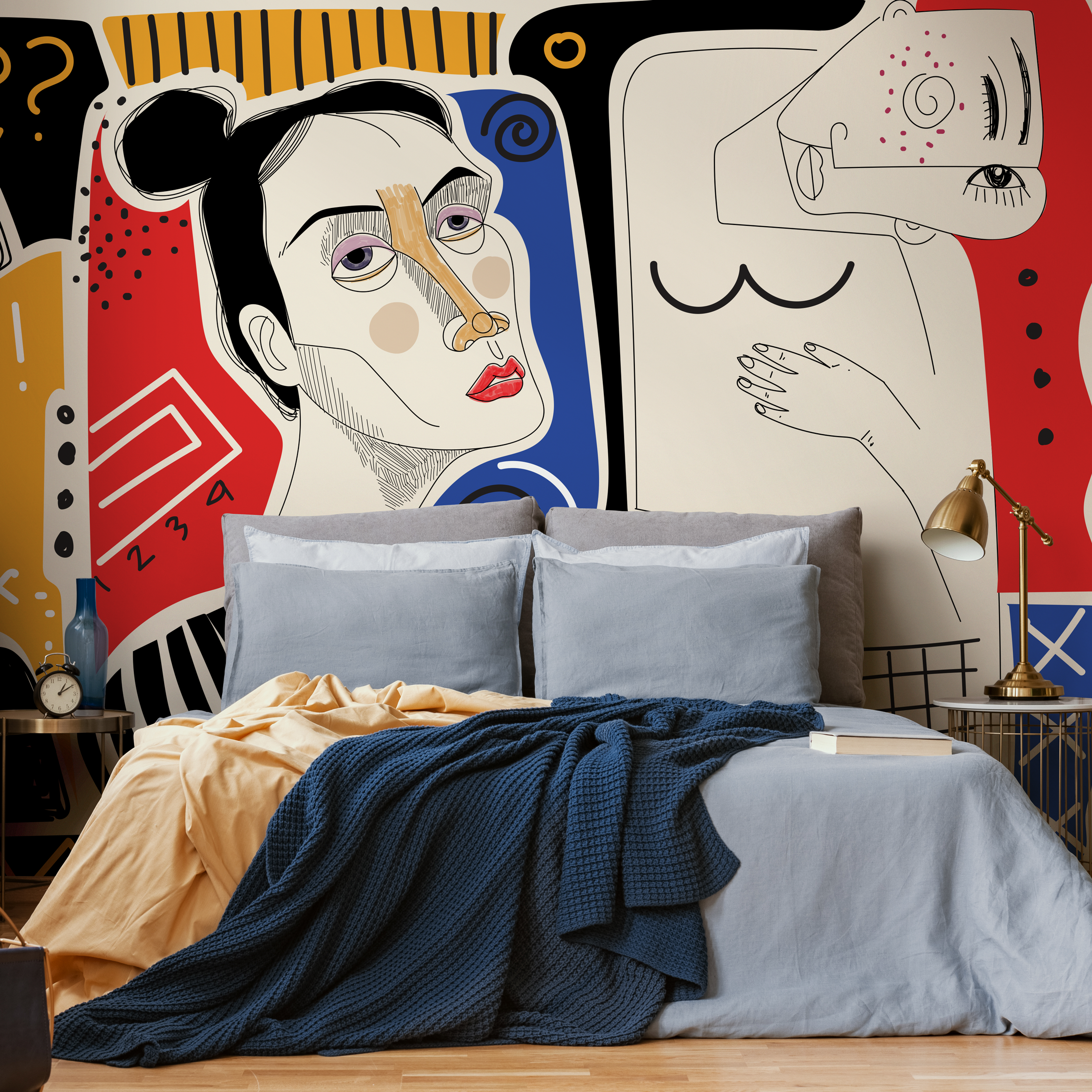 Abstract Wallpaper With Hand-drawn Faces In Red, Yellow, And Blue - D579