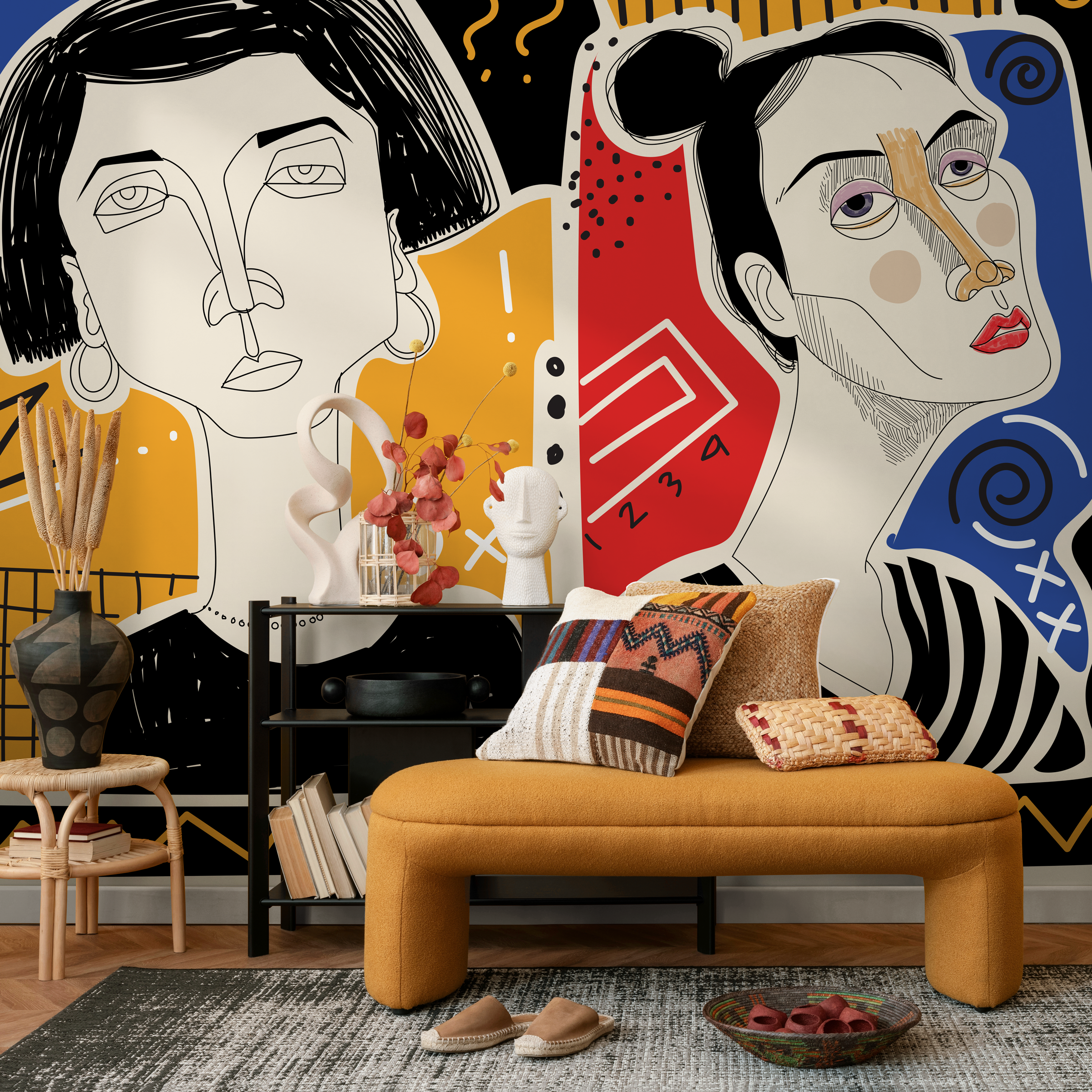 Abstract Wallpaper With Hand-drawn Faces In Red, Yellow, And Blue - D579