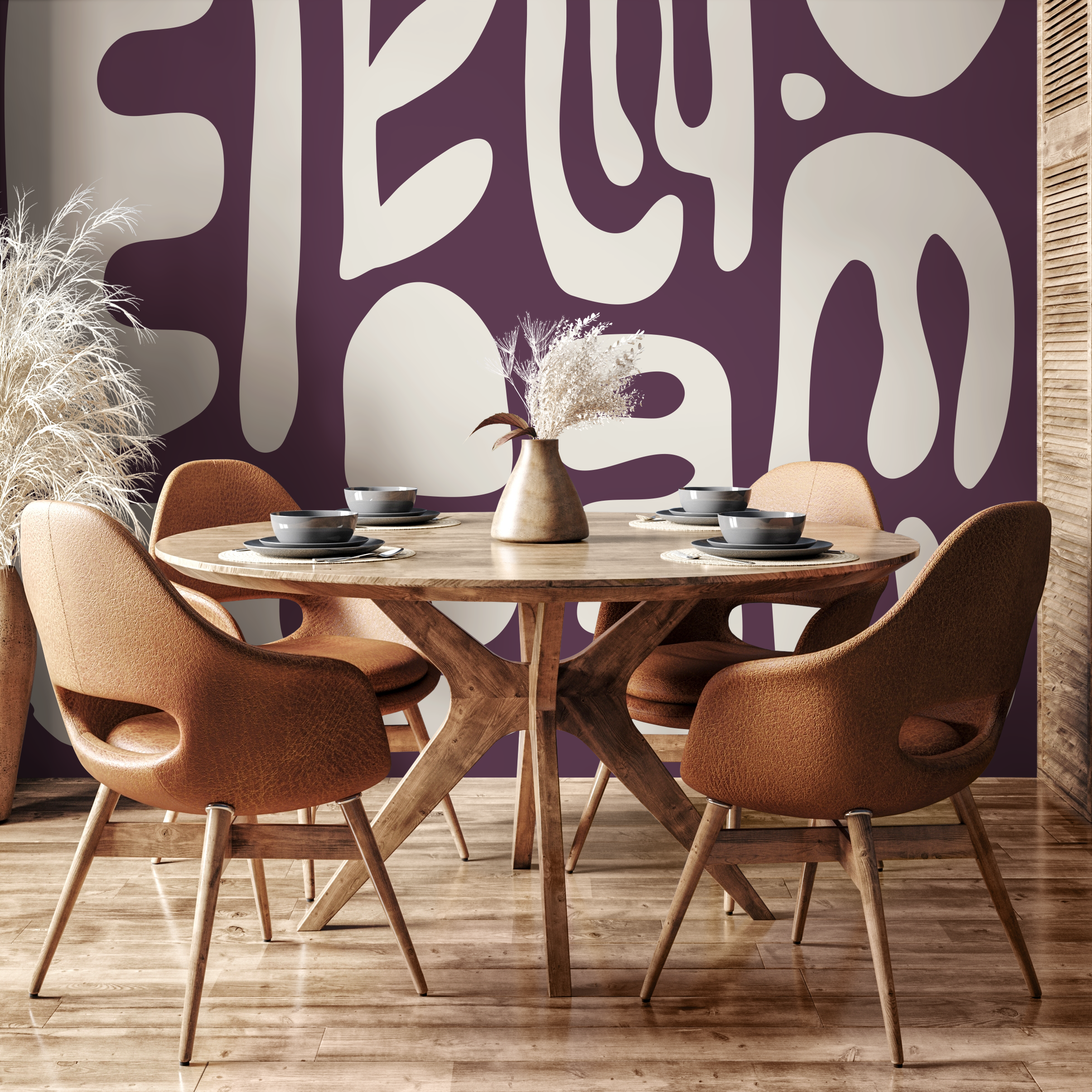 Abstract Wallpaper With Bold Organic Shapes In Purple And Beige - D594