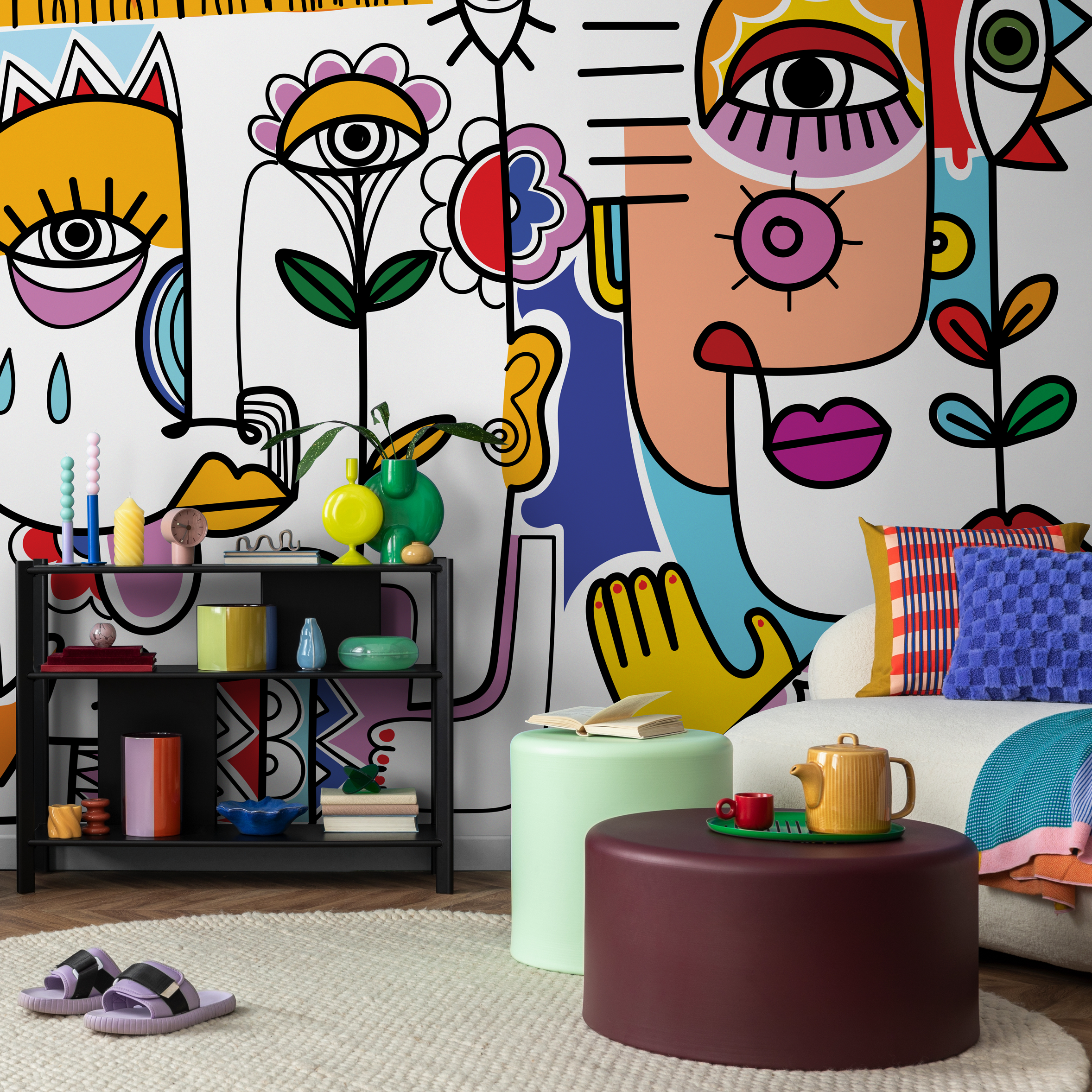 Abstract Wallpaper With A Surrealist Face Mural In Yellow, Red, And Blue - D596