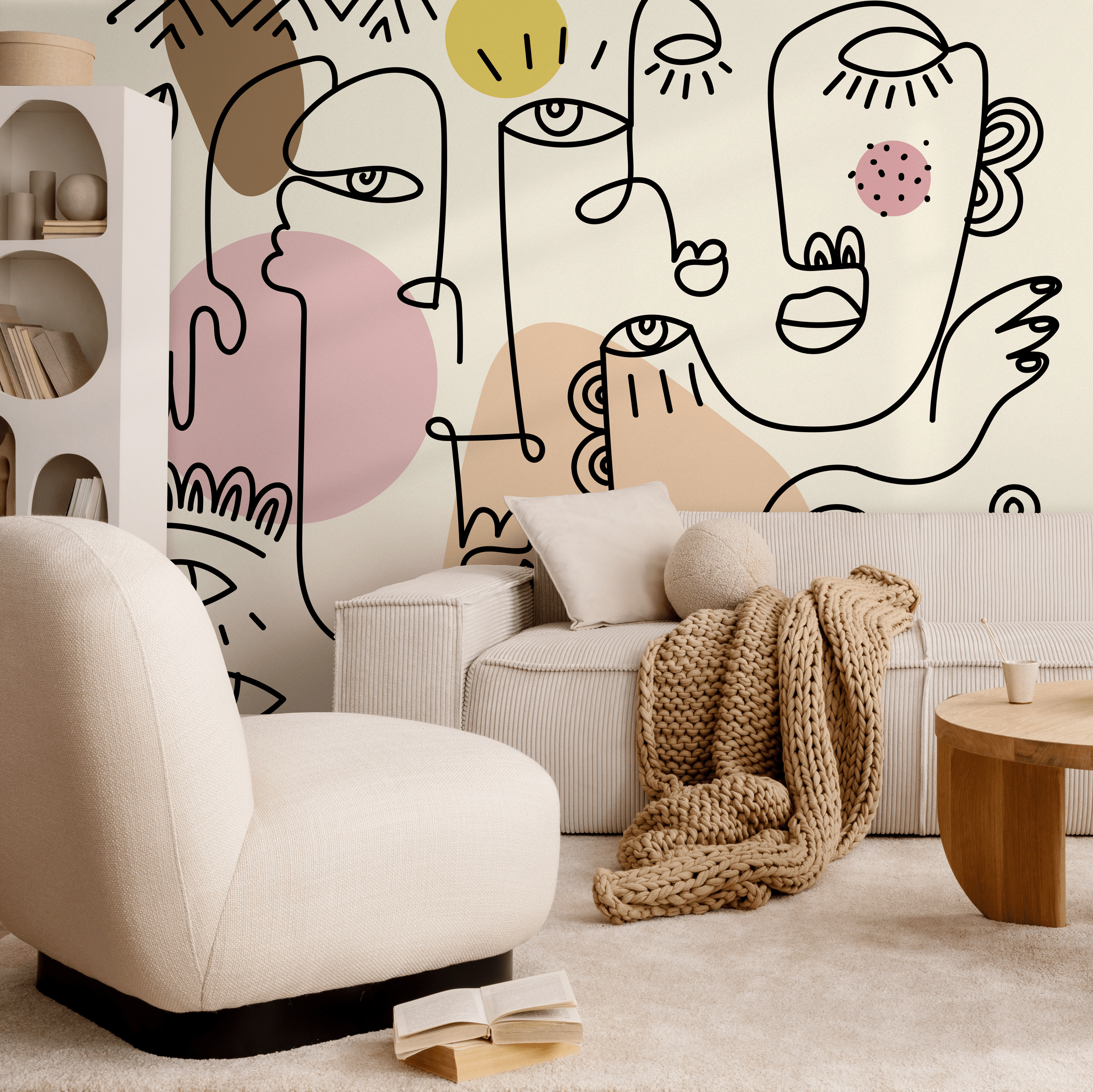Abstract Wallpaper With Modern Line Art Faces In Pink, Brown, And Yellow - D600
