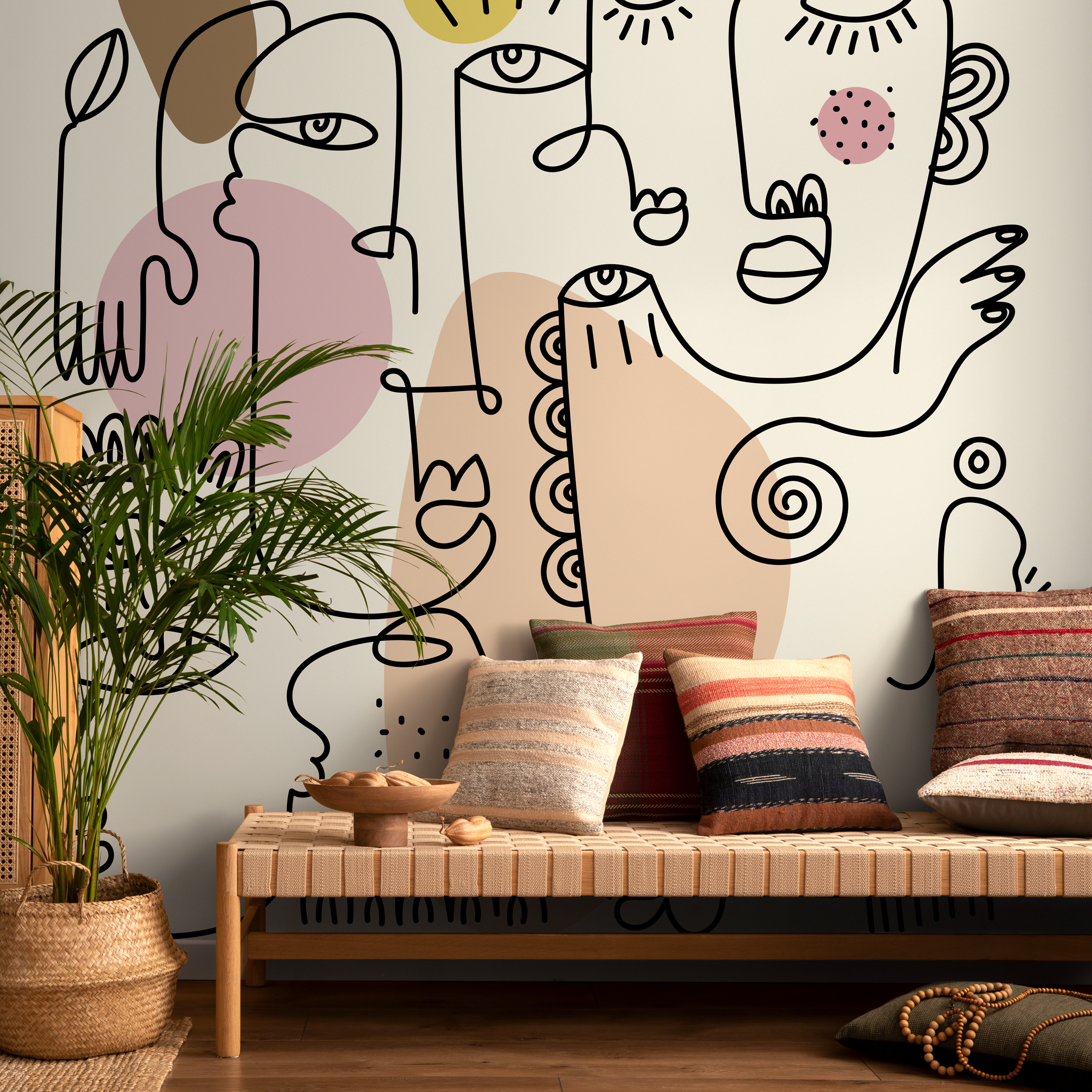 Abstract Wallpaper With Modern Line Art Faces In Pink, Brown, And Yellow - D600