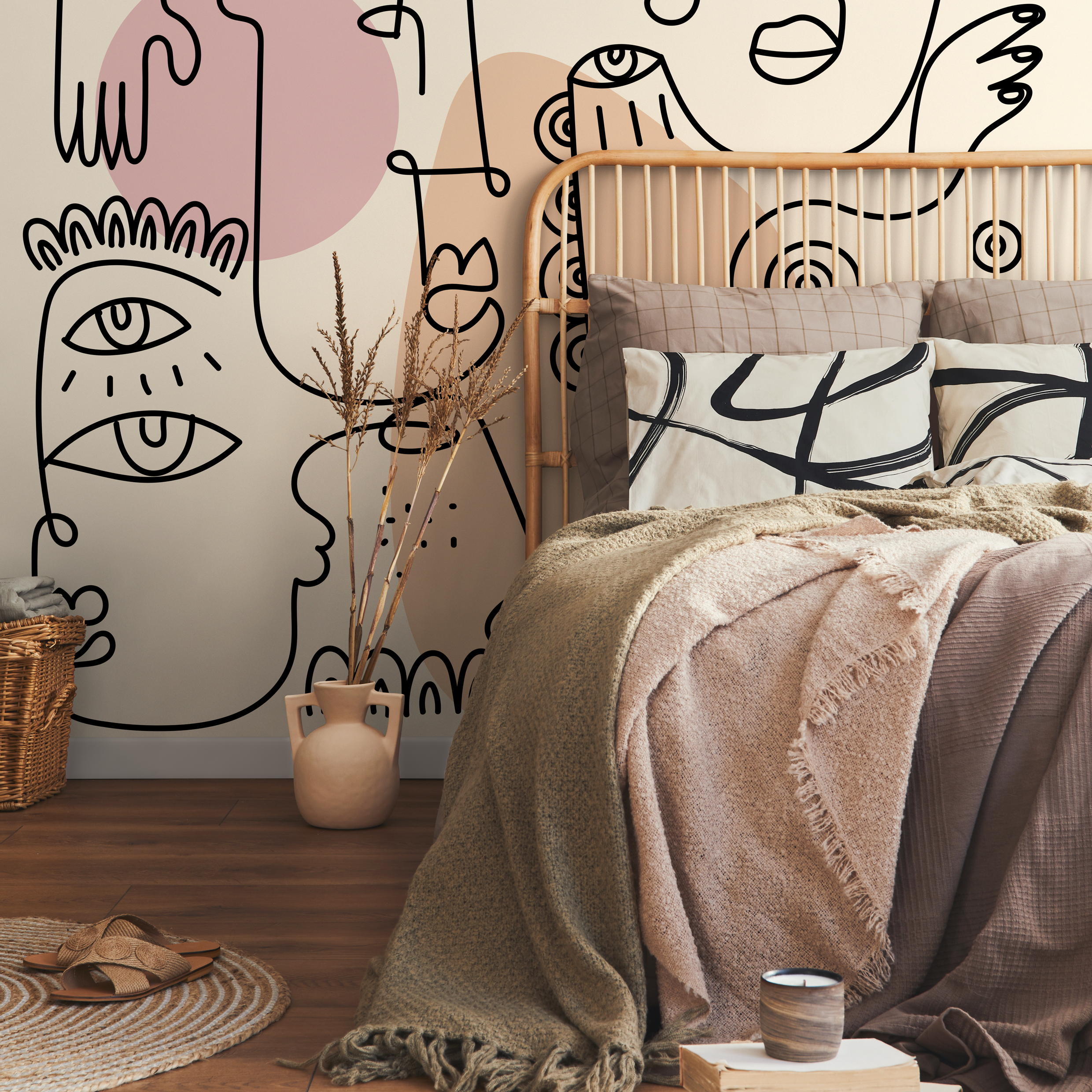 Abstract Wallpaper With Modern Line Art Faces In Pink, Brown, And Yellow - D600