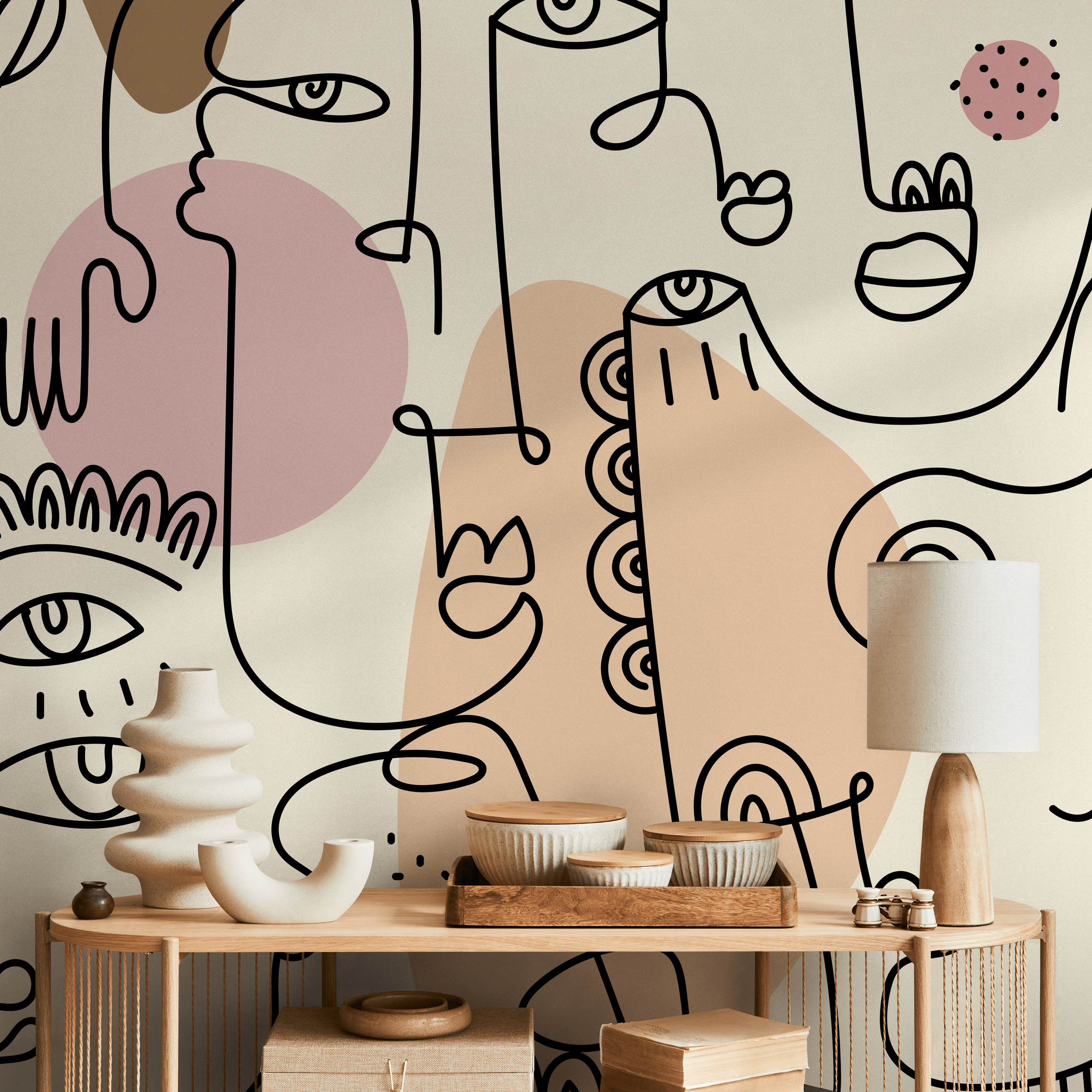 Abstract Wallpaper With Modern Line Art Faces In Pink, Brown, And Yellow - D600