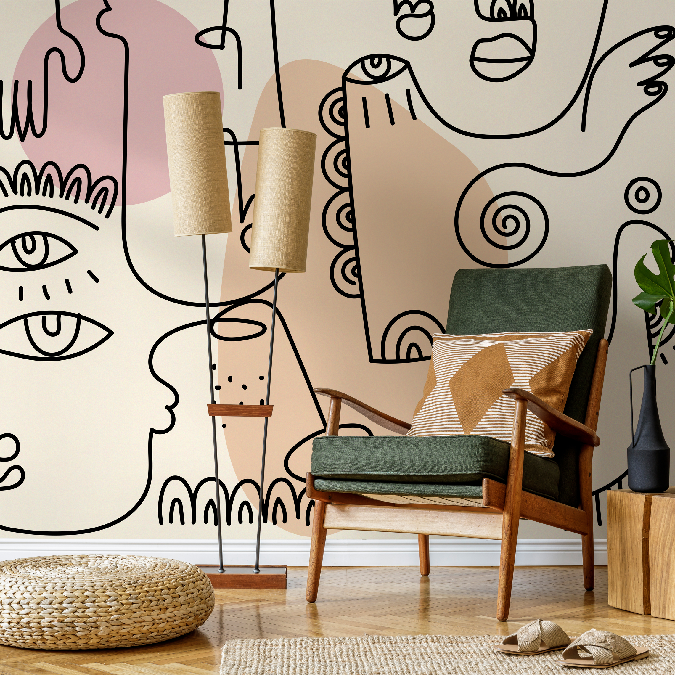 Abstract Wallpaper With Modern Line Art Faces In Pink, Brown, And Yellow - D600