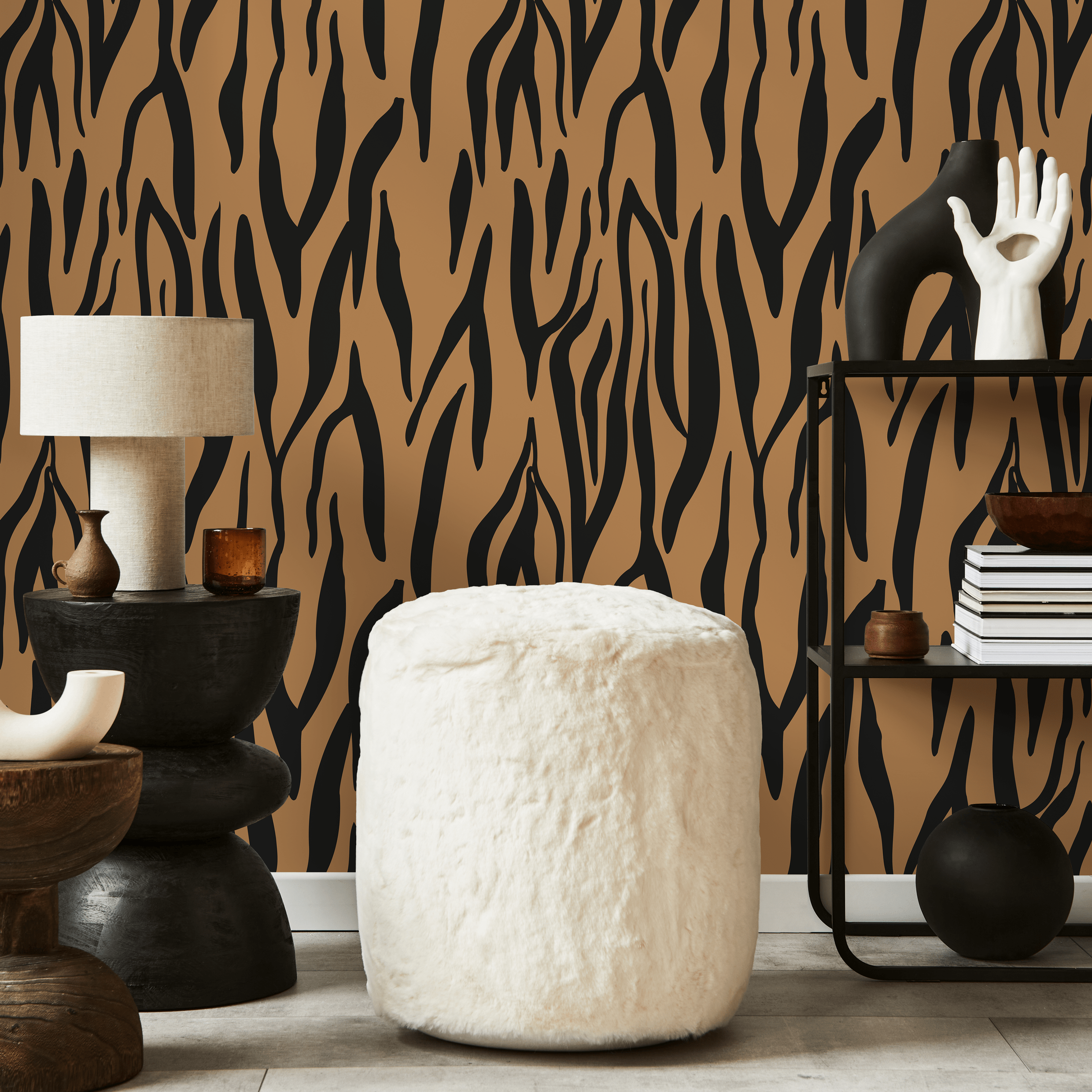 Animal Print Wallpaper With A Bold Tiger Stripe Motif In Black And Brown - D608