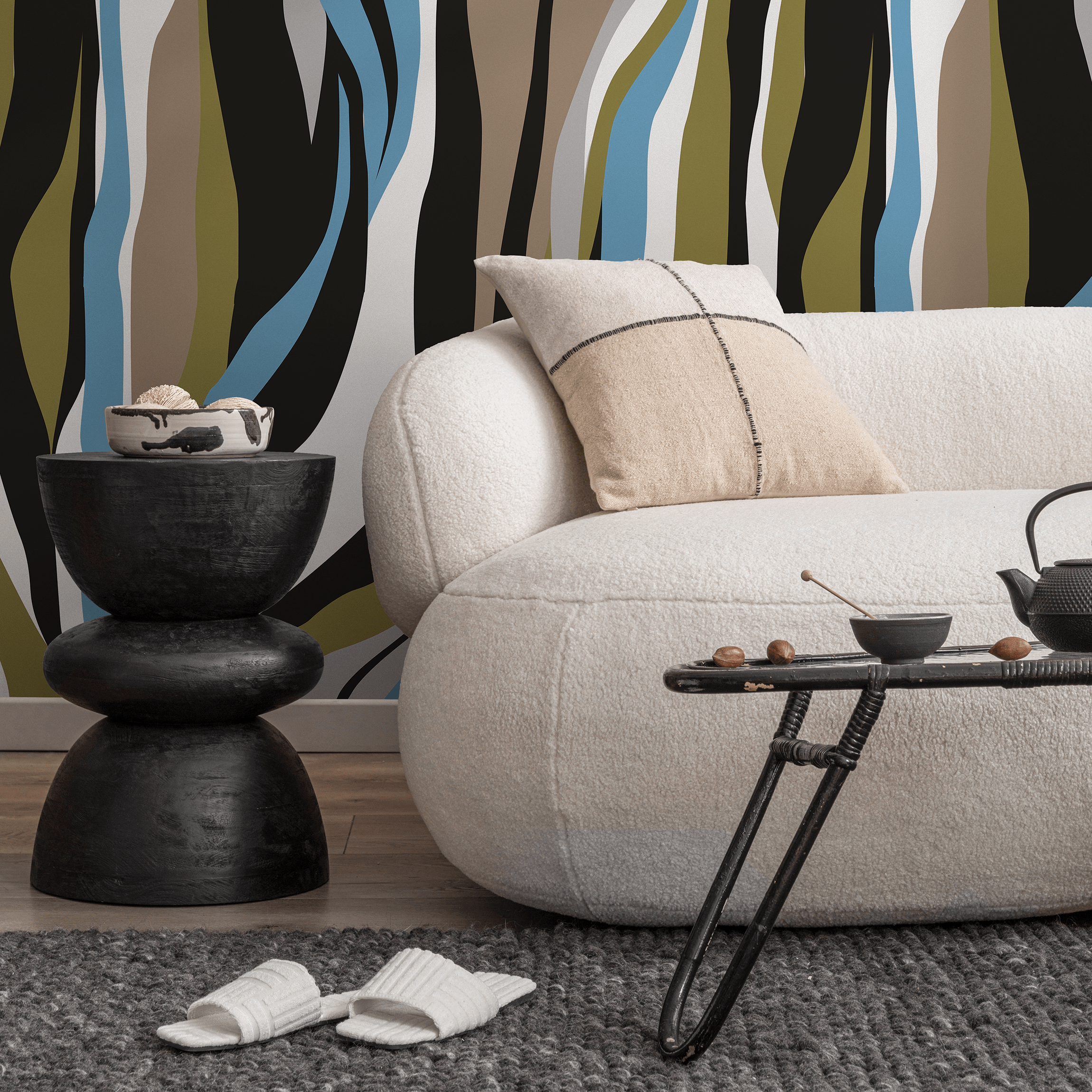 Abstract Wallpaper With Flowing Vertical Waves In Black, Blue, And Olive Green - D612