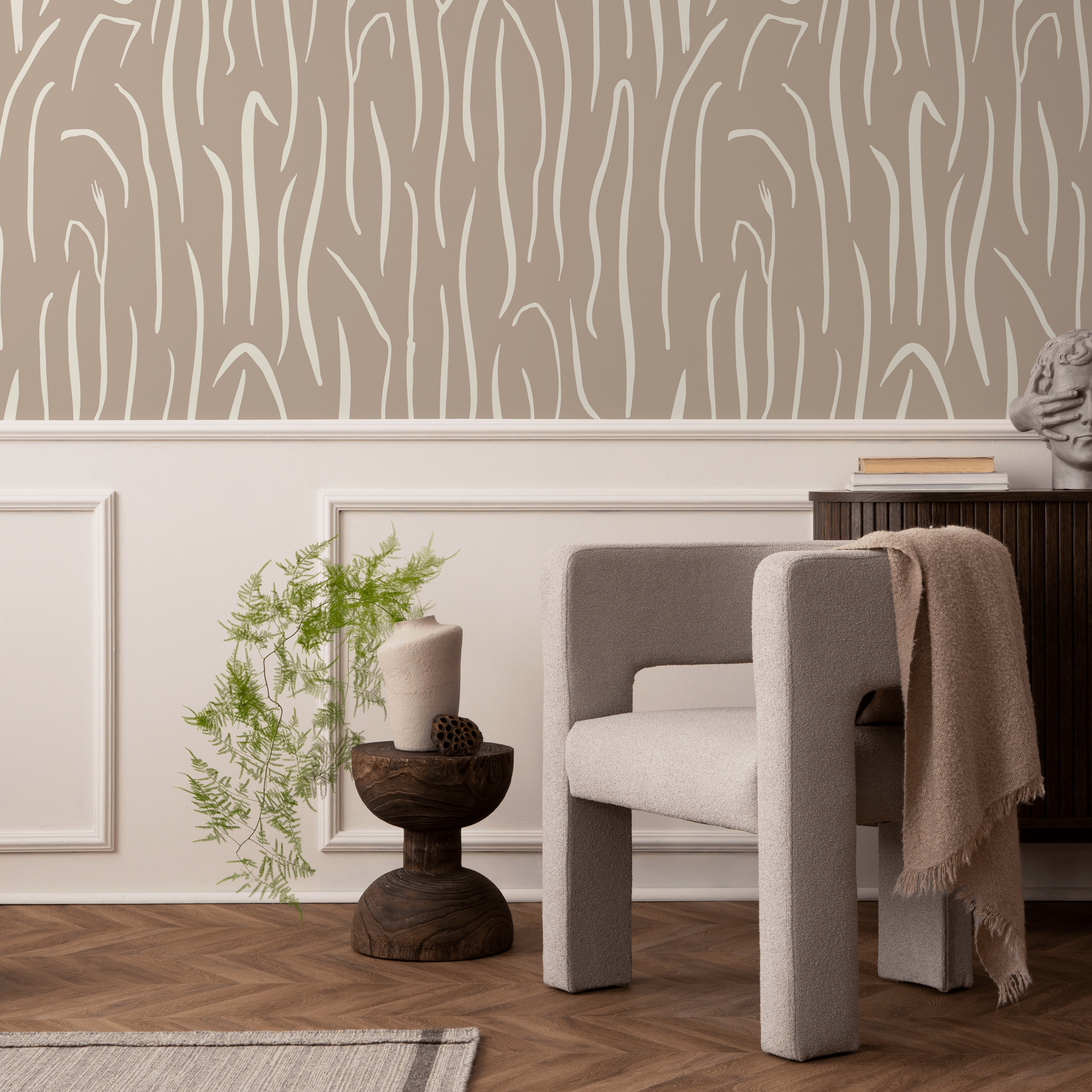 Abstract Wallpaper With Flowing Wavy Lines In Beige And Cream - D617