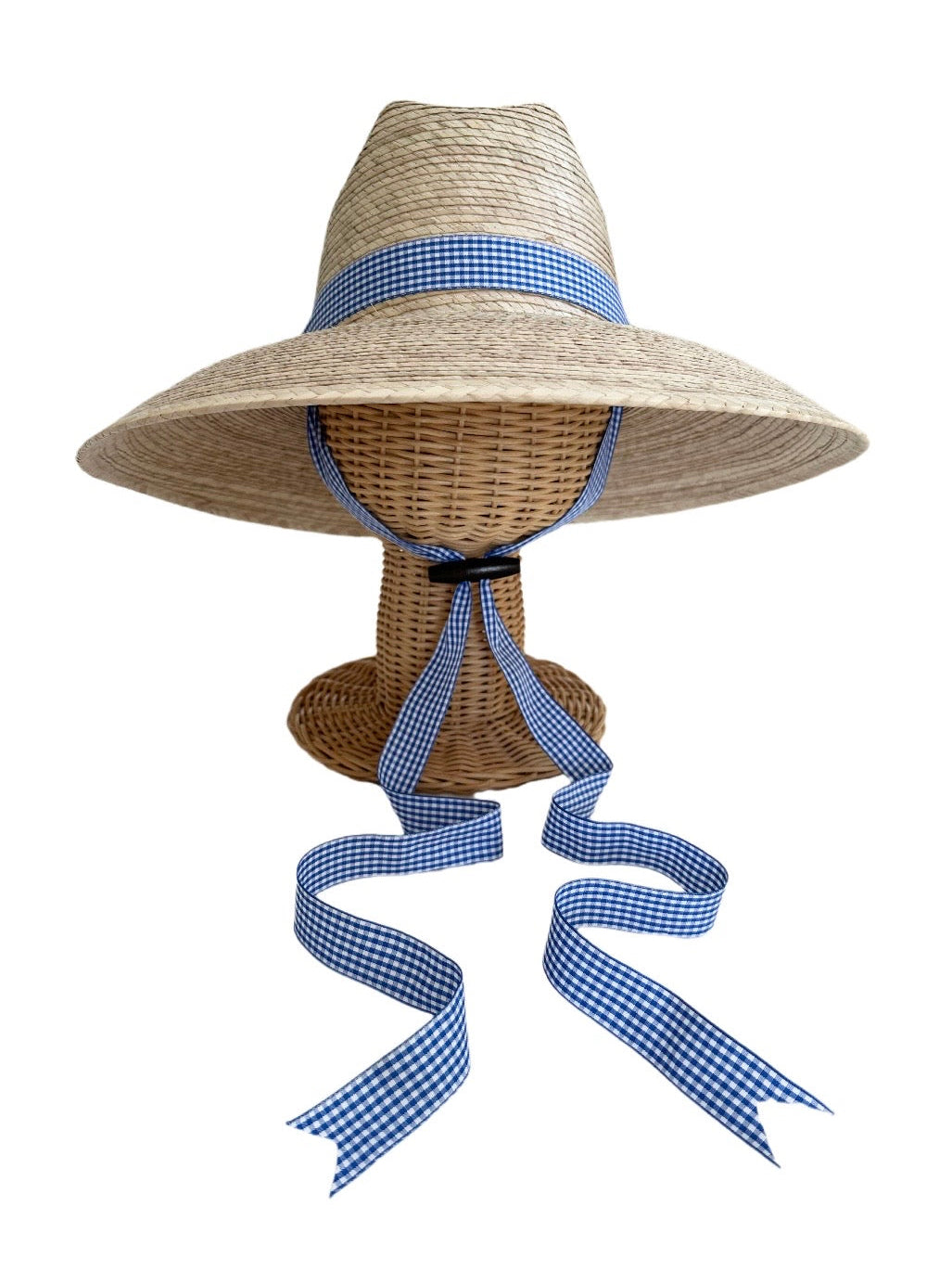 Hollyhock Sun Hat - Long & Thin Blue Gingham Ribbon With Wood Nautical Toggle