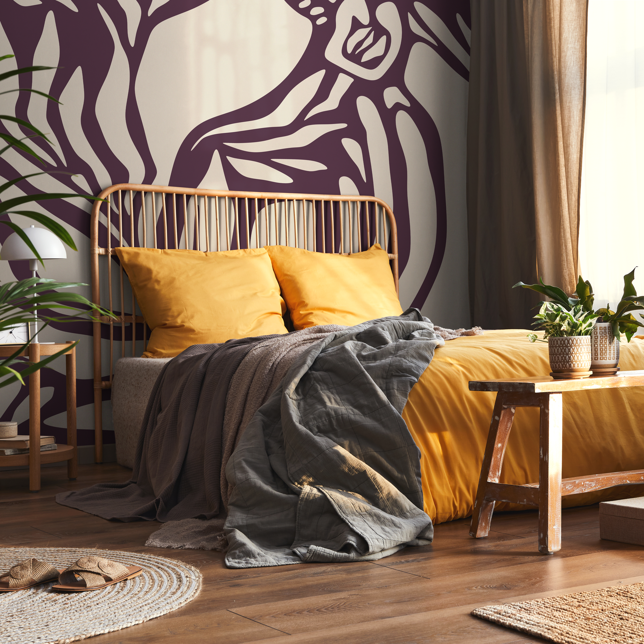 Abstract Wallpaper With Bold Organic Shapes In Purple And Beige - D626