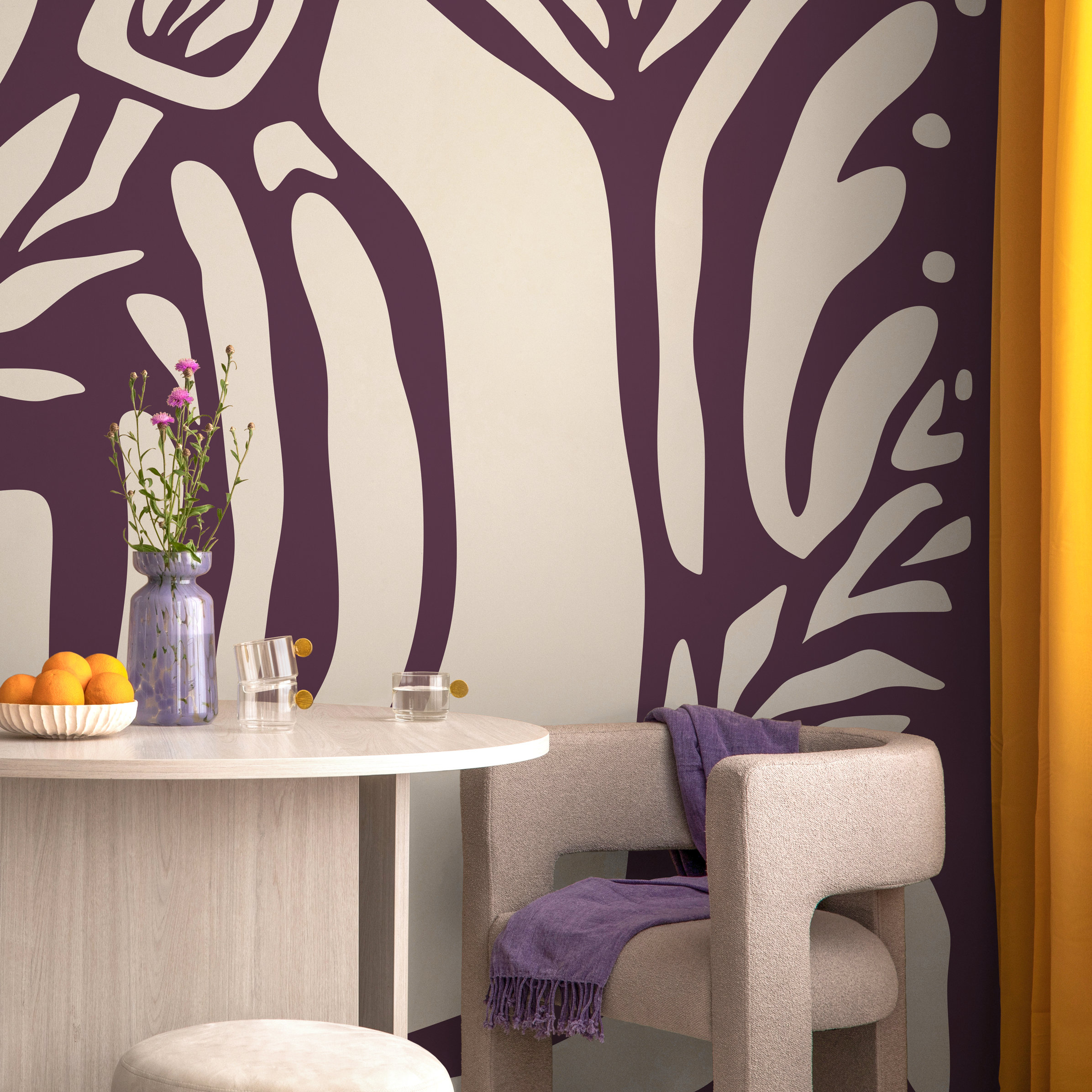 Abstract Wallpaper With Bold Organic Shapes In Purple And Beige - D626