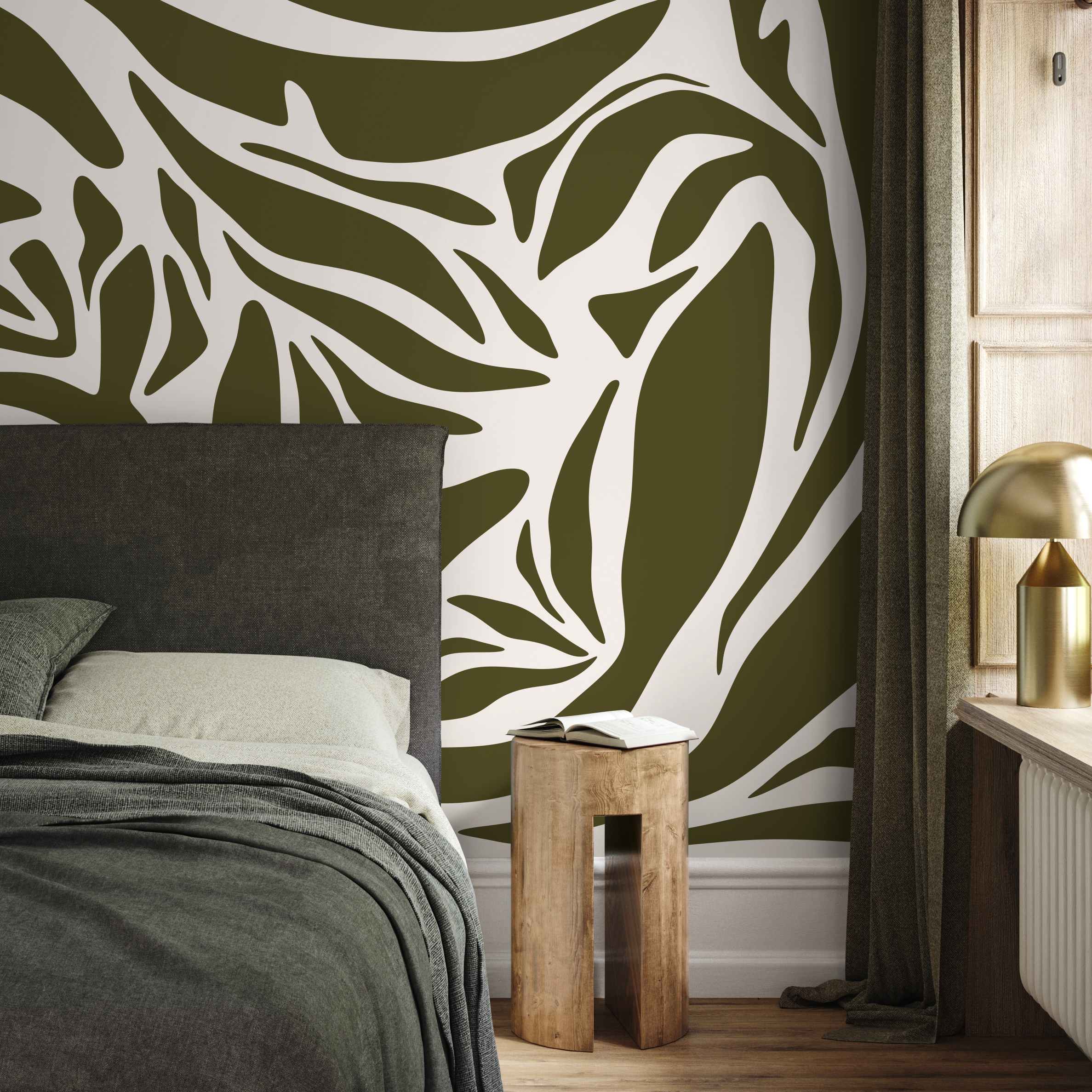 Abstract Wallpaper With Bold Organic Forms In Olive Green And Cream - D636