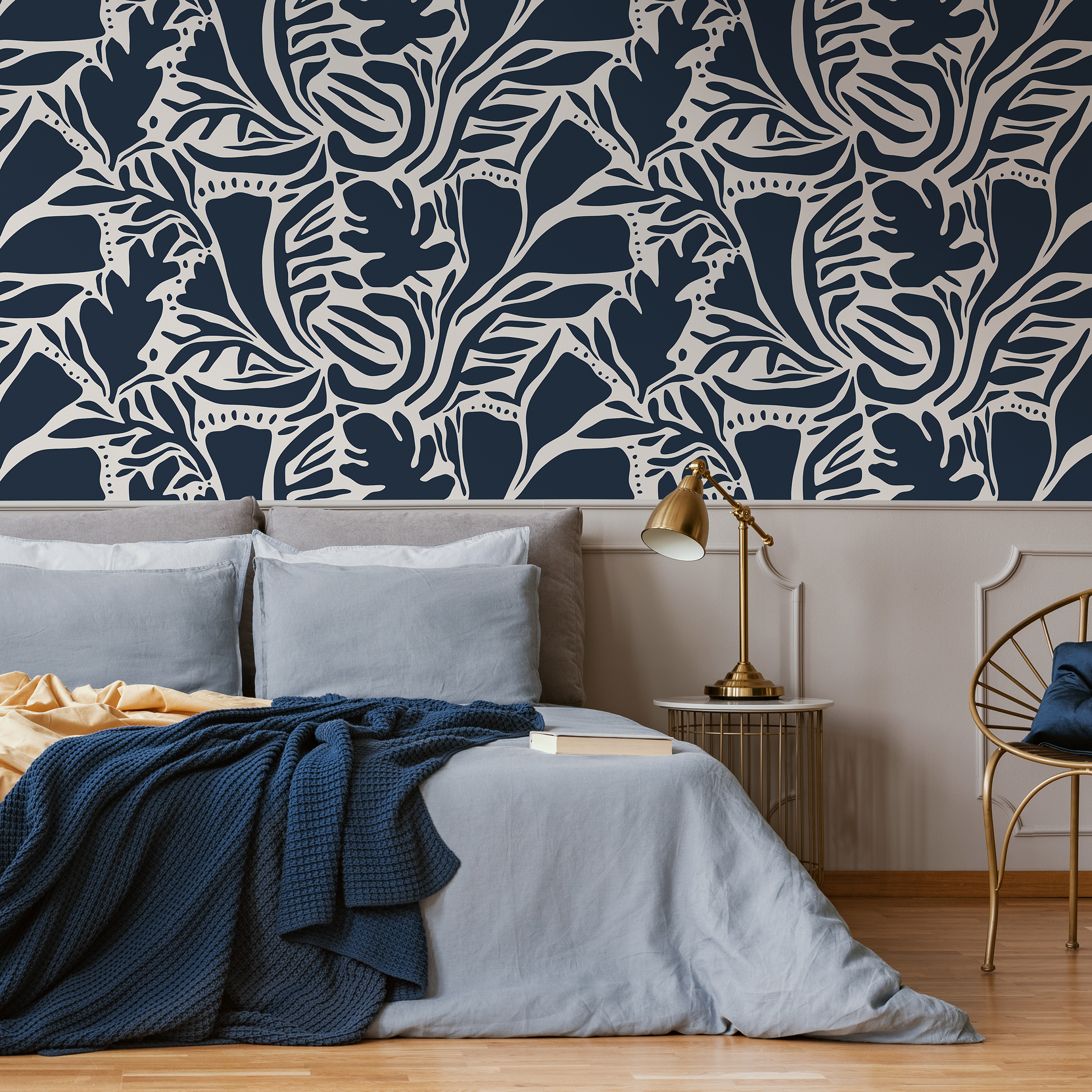 Abstract Wallpaper With Bold Leaf Cutouts In Navy And Cream - D640