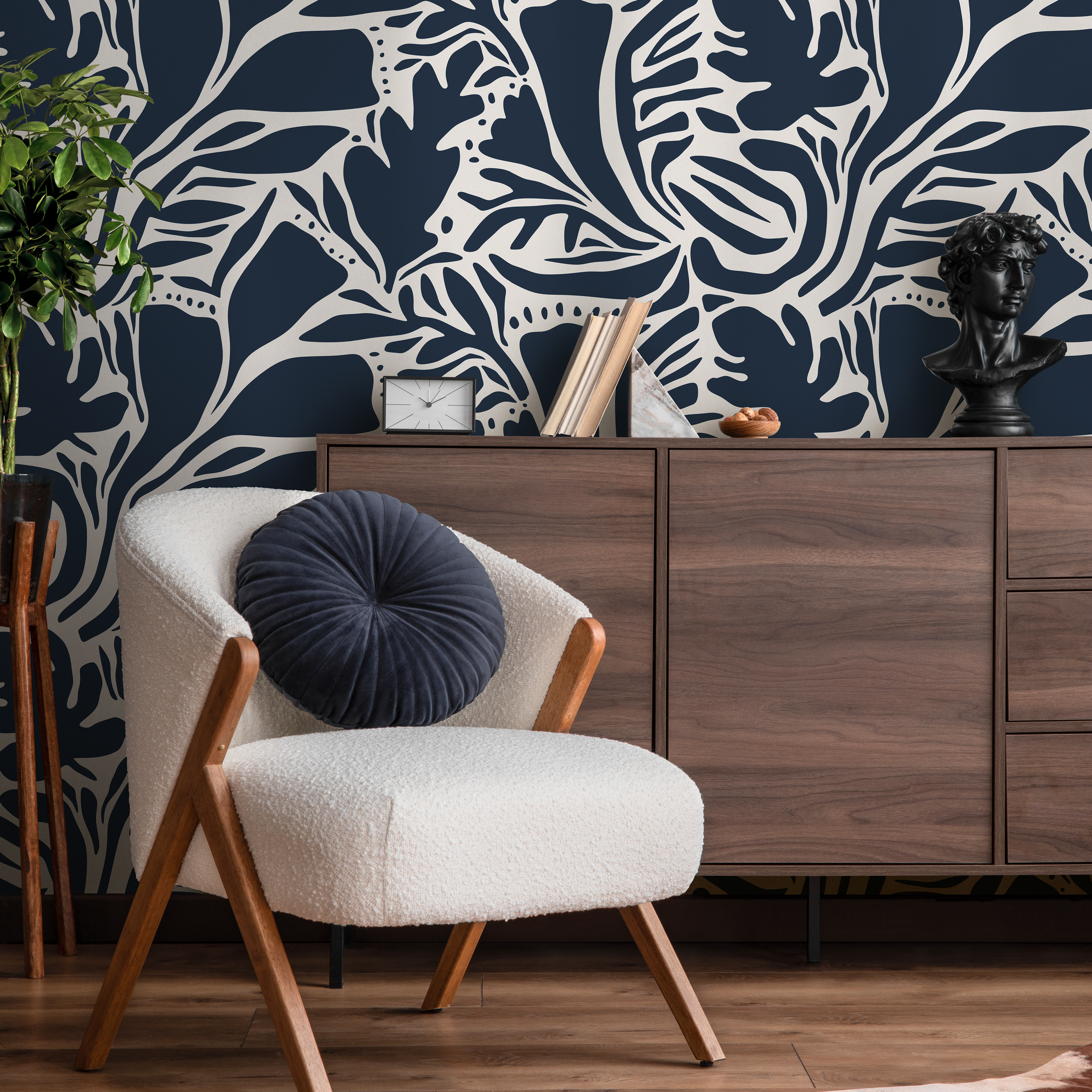 Abstract Wallpaper With Bold Leaf Cutouts In Navy And Cream - D640