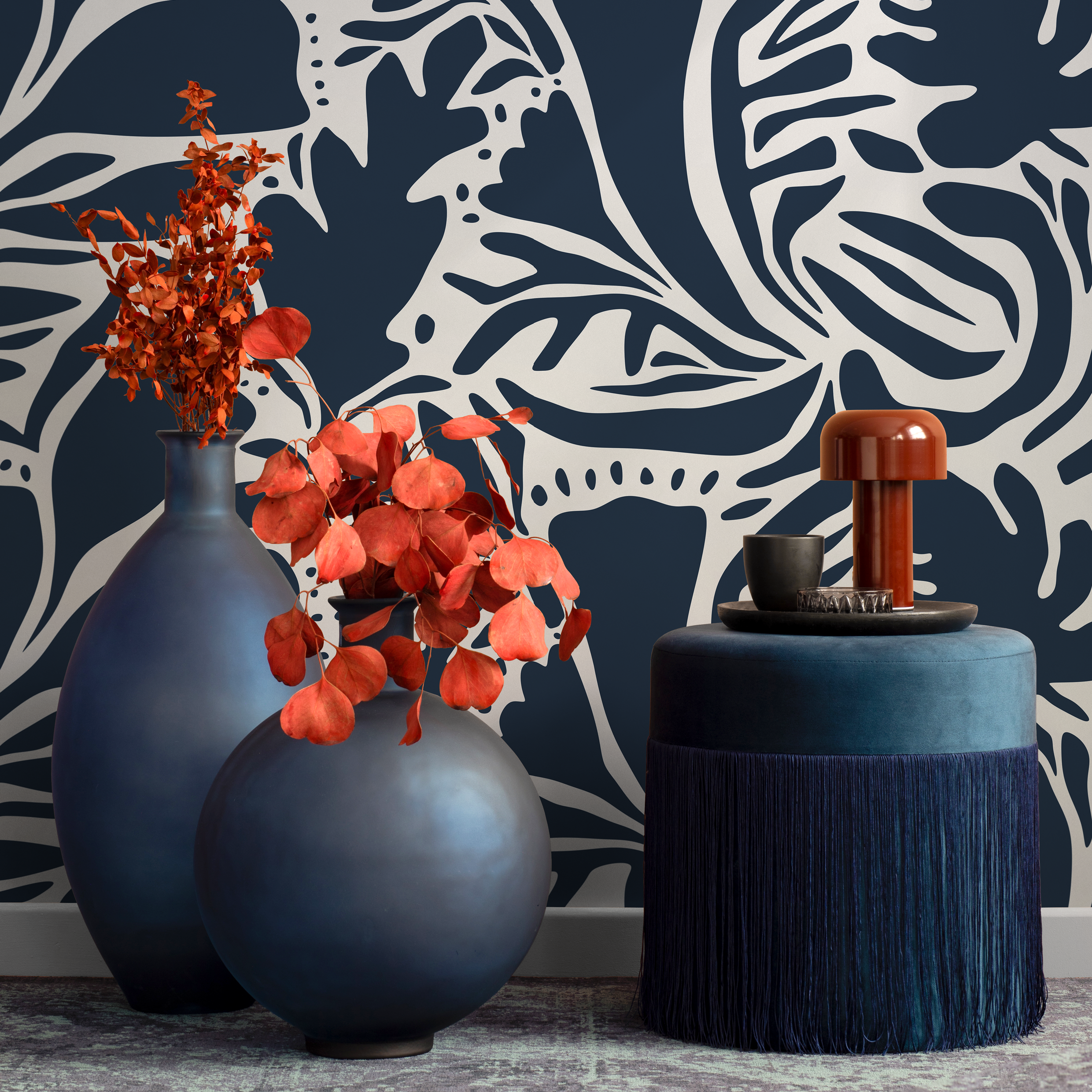Abstract Wallpaper With Bold Leaf Cutouts In Navy And Cream - D640