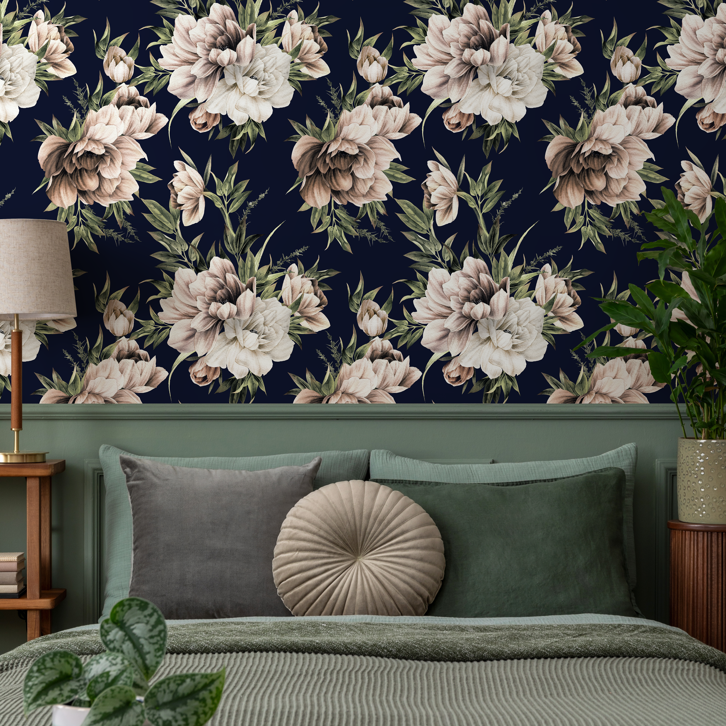 Floral Wallpaper Featuring Vintage Peonies In Navy Blue, Brown, And Cream - D643