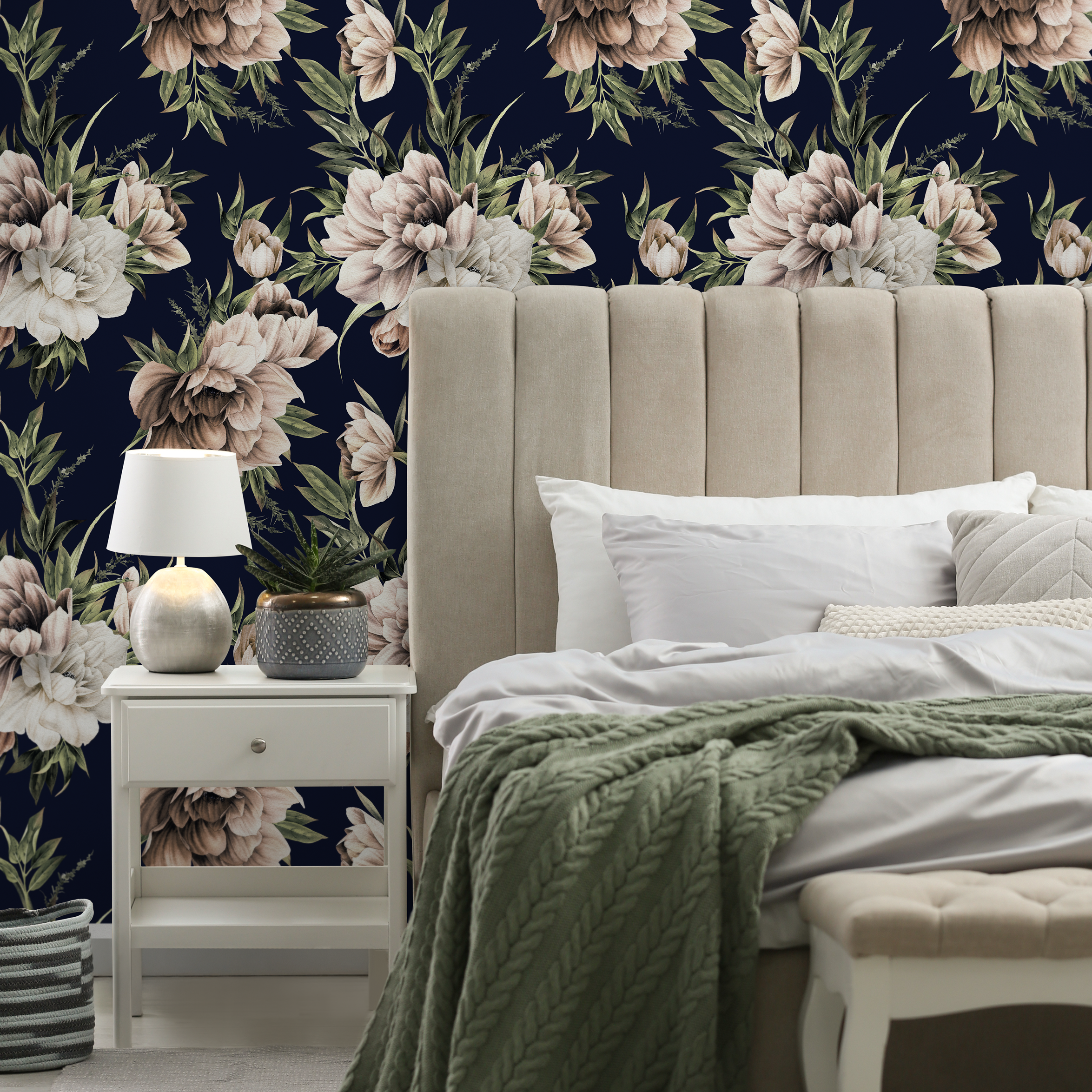 Floral Wallpaper Featuring Vintage Peonies In Navy Blue, Brown, And Cream - D643