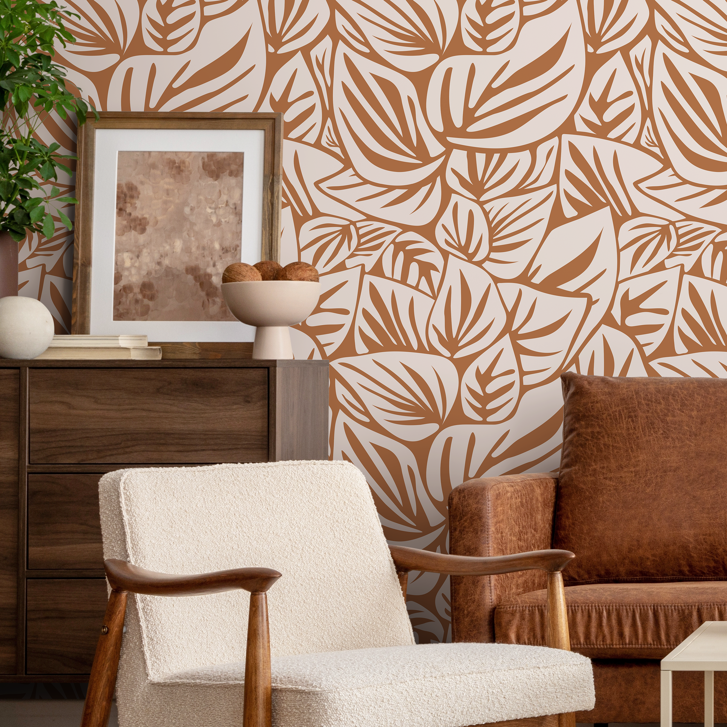 Botanical Wallpaper Featuring Stylized Leaves In Orange And Beige - D648