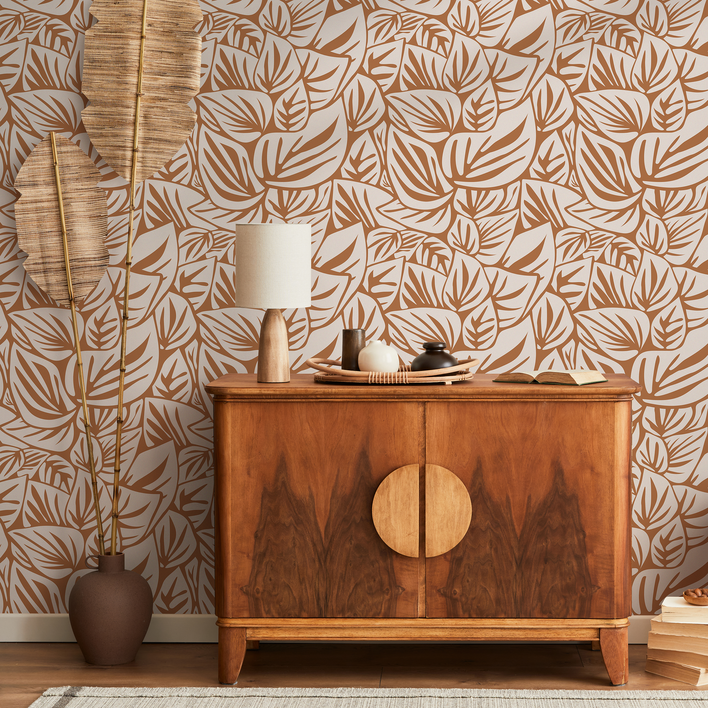 Botanical Wallpaper Featuring Stylized Leaves In Orange And Beige - D648