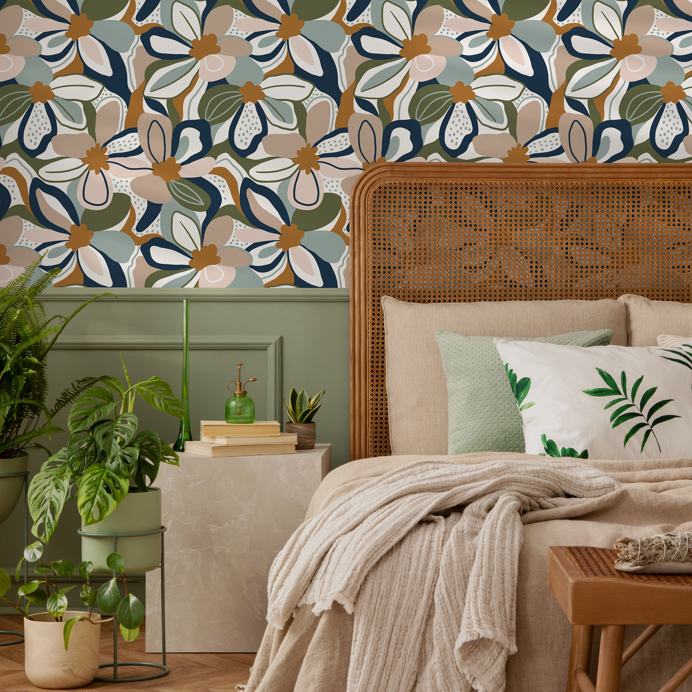 Retro Floral Wallpaper With Bold Abstract Flowers In Blue, Green, And Camel - D657