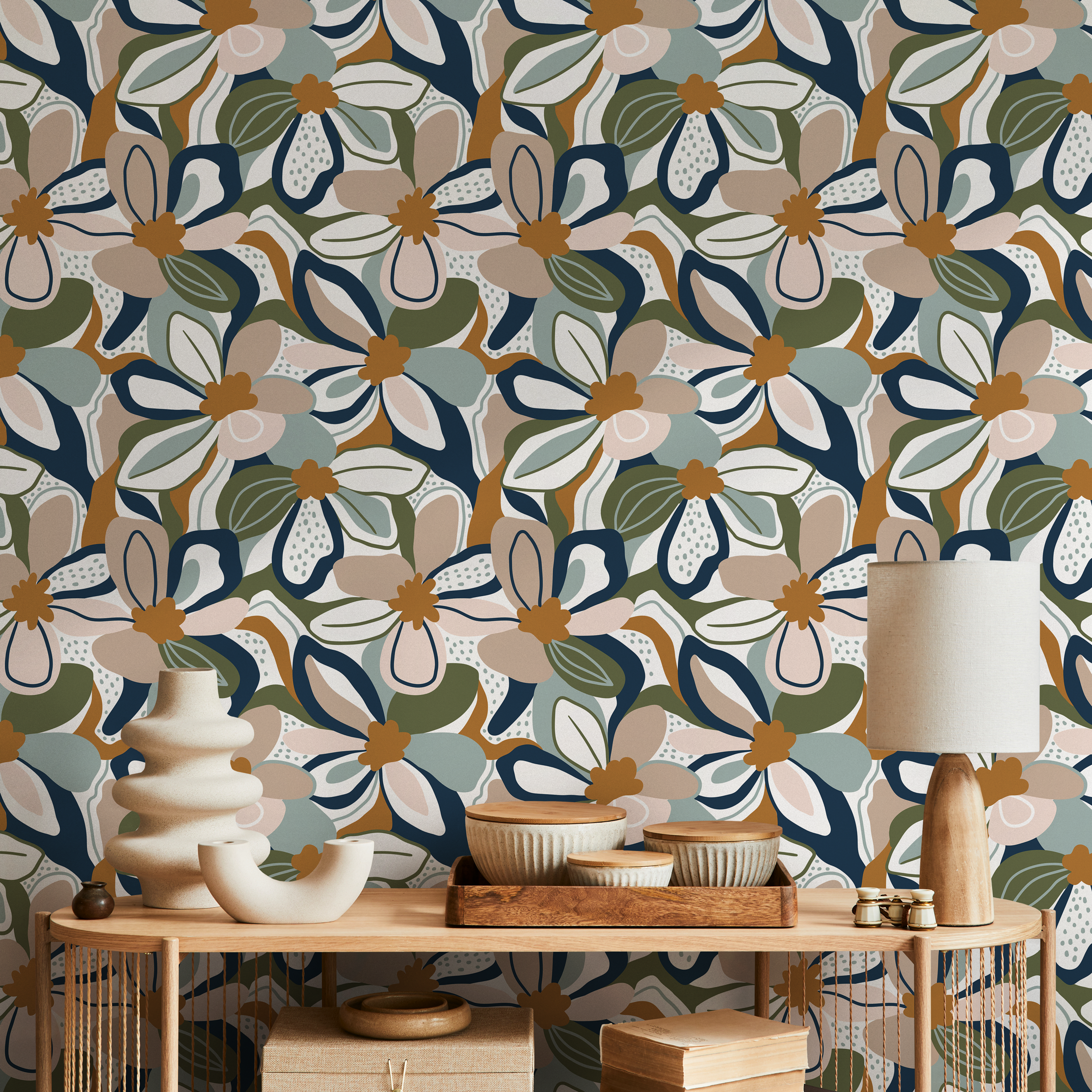 Retro Floral Wallpaper With Bold Abstract Flowers In Blue, Green, And Camel - D657