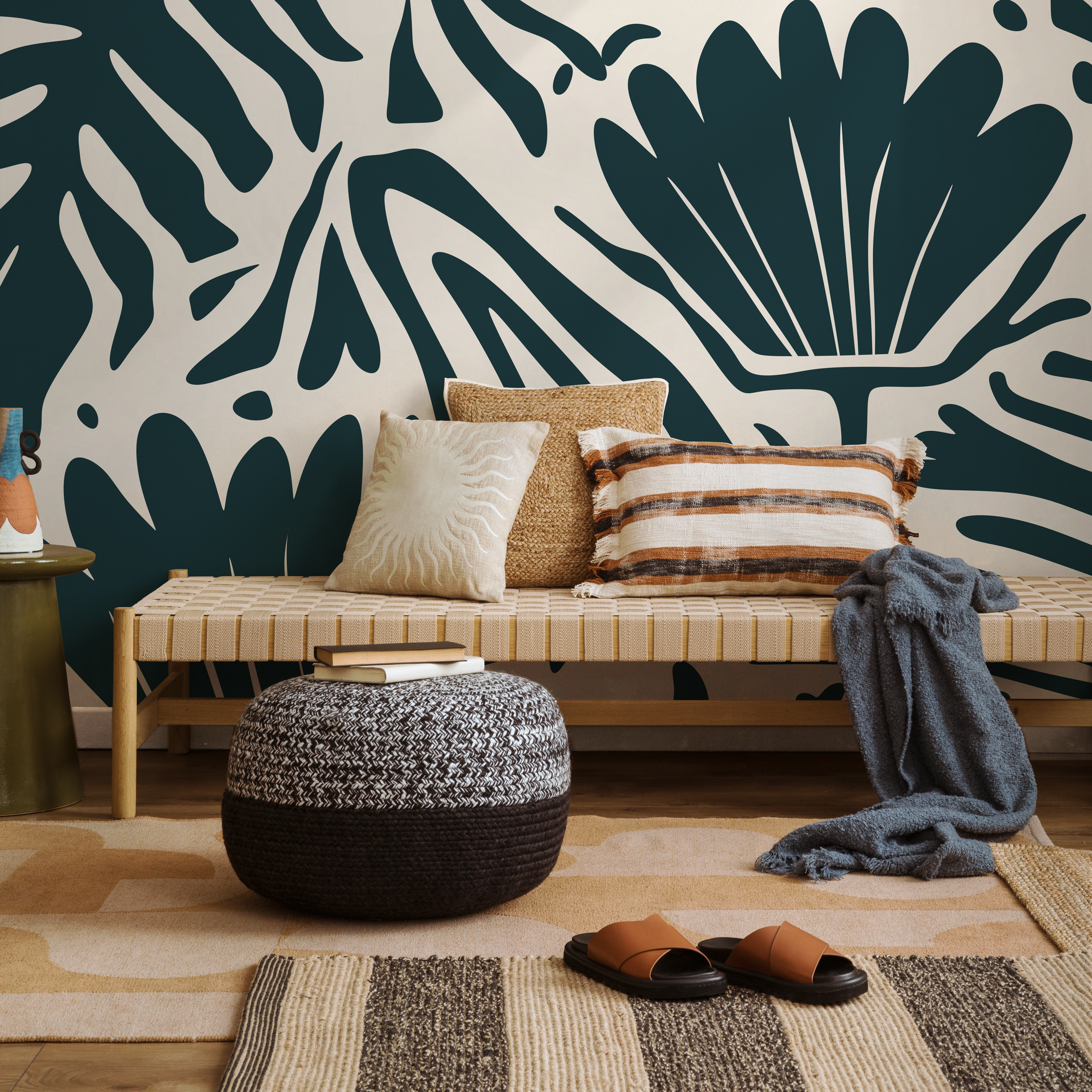 Abstract Wallpaper With A Bold Botanical Motif In Deep Teal - D662