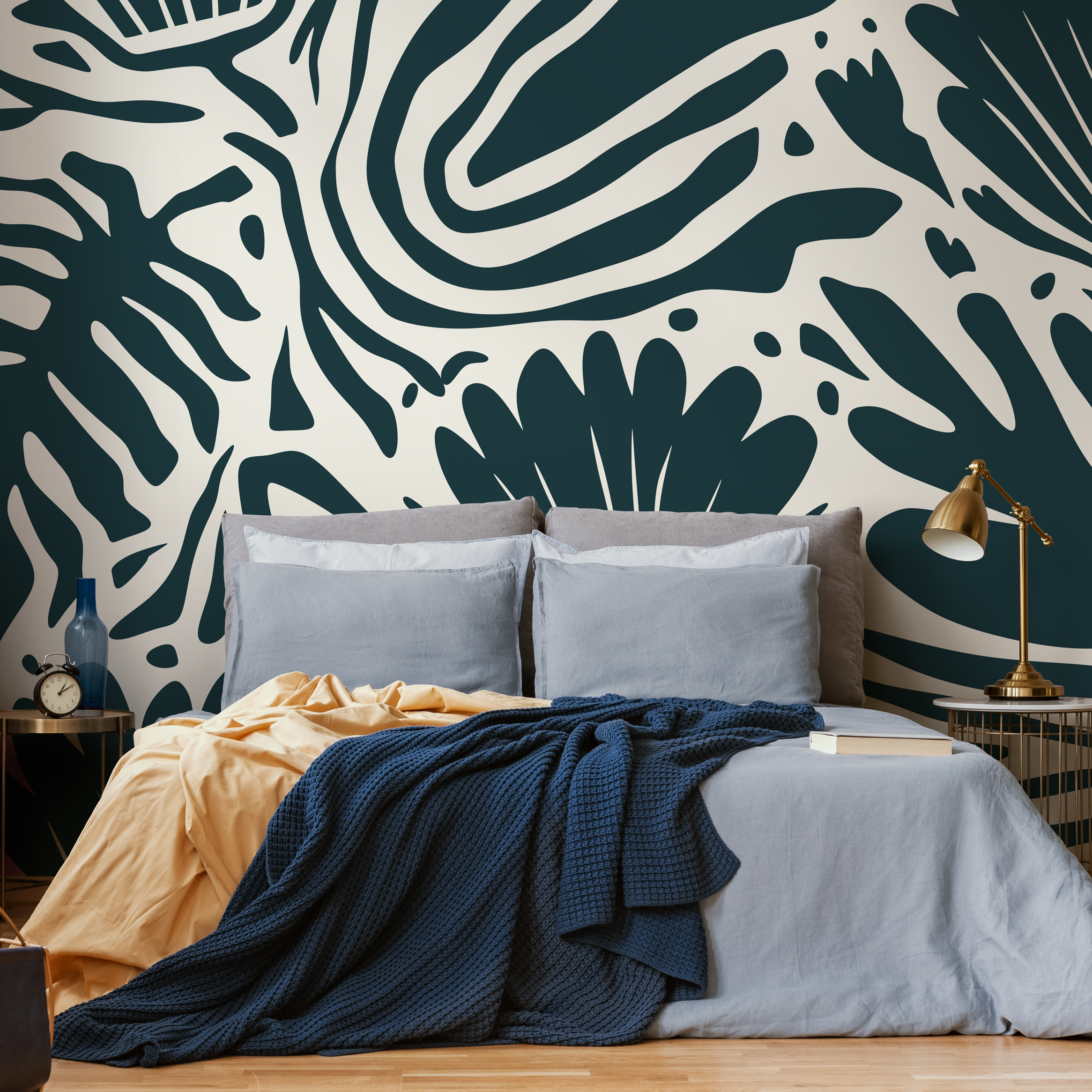 Abstract Wallpaper With A Bold Botanical Motif In Deep Teal - D662