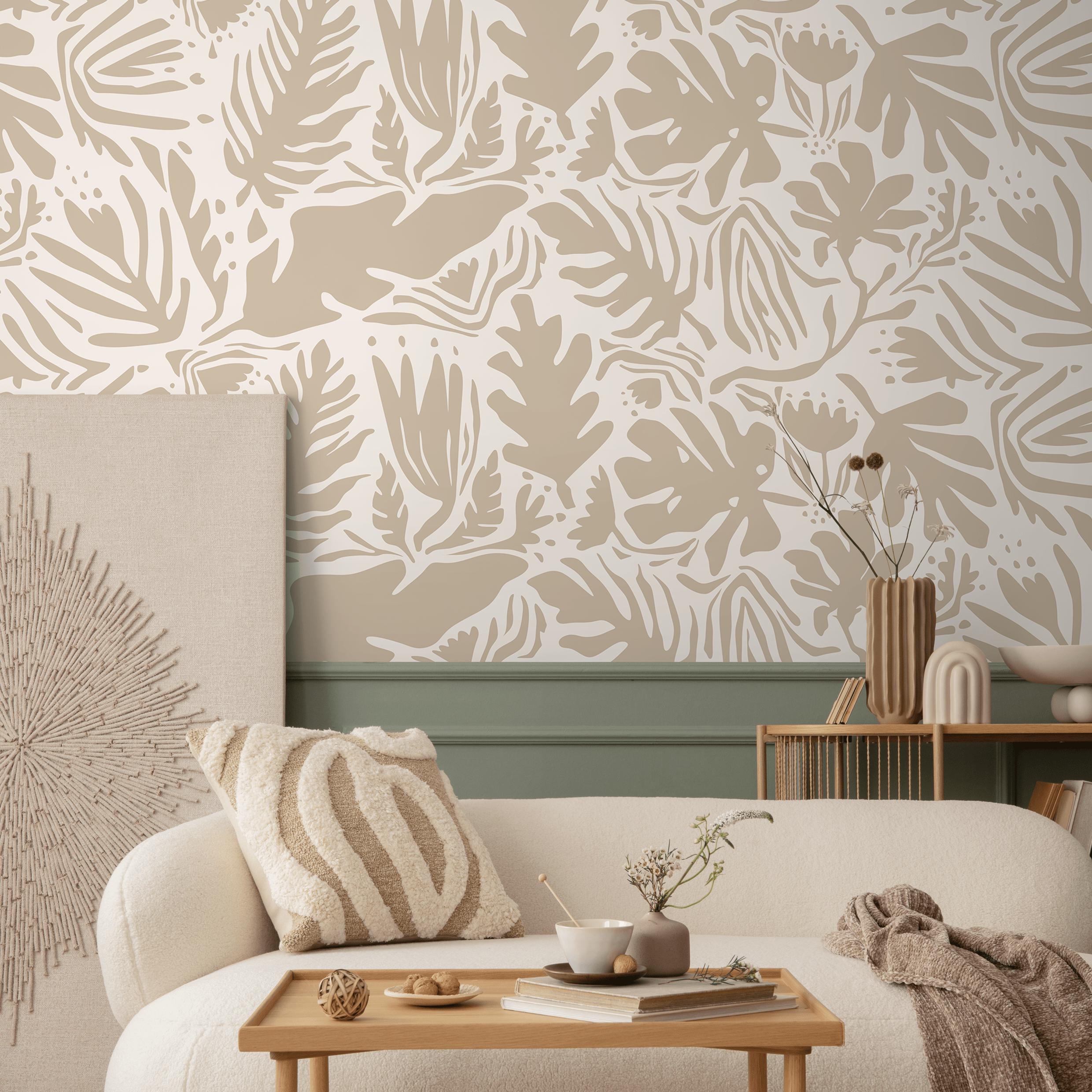 Abstract Wallpaper With A Boho Botanical Motif In Beige And Cream - D665