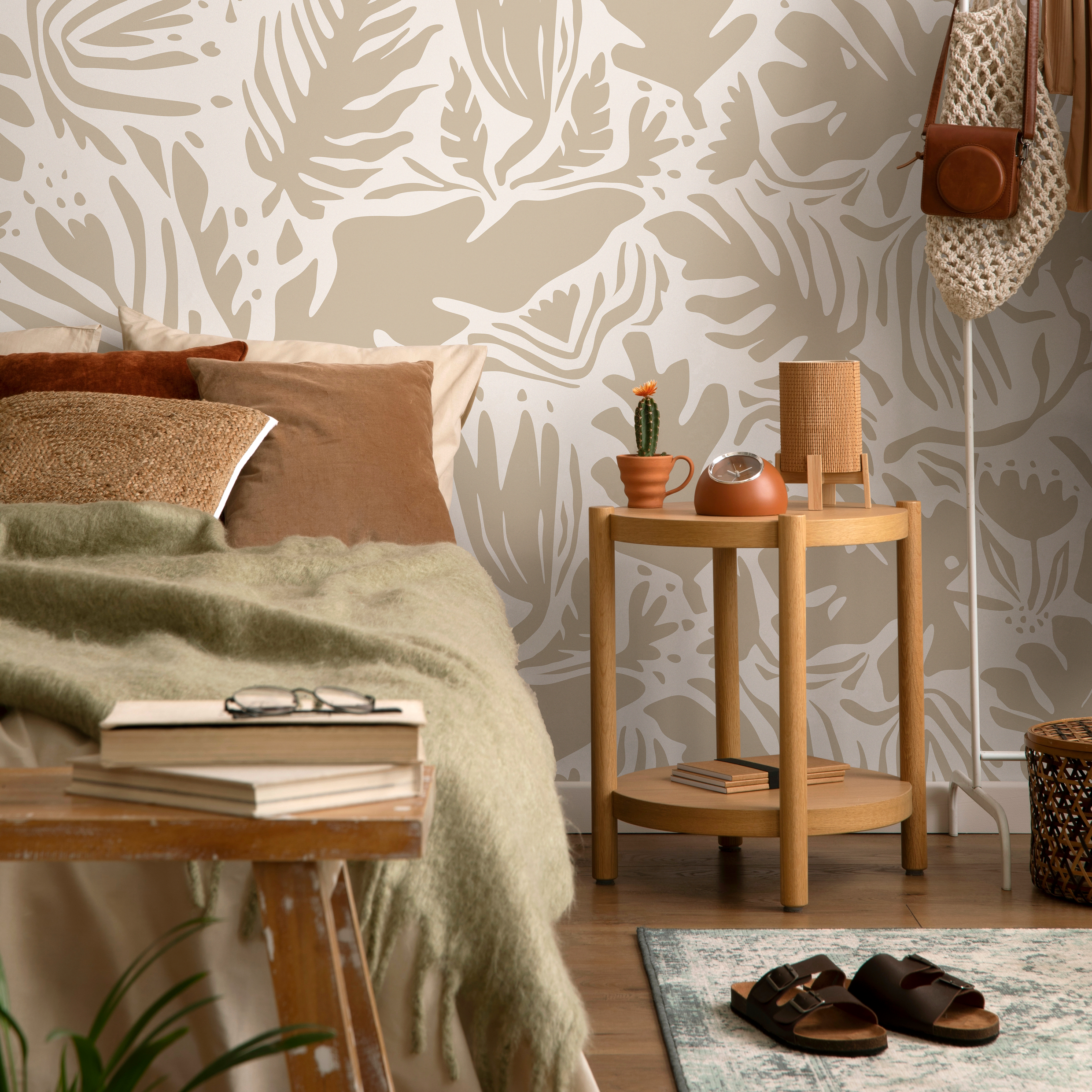 Abstract Wallpaper With A Boho Botanical Motif In Beige And Cream - D665