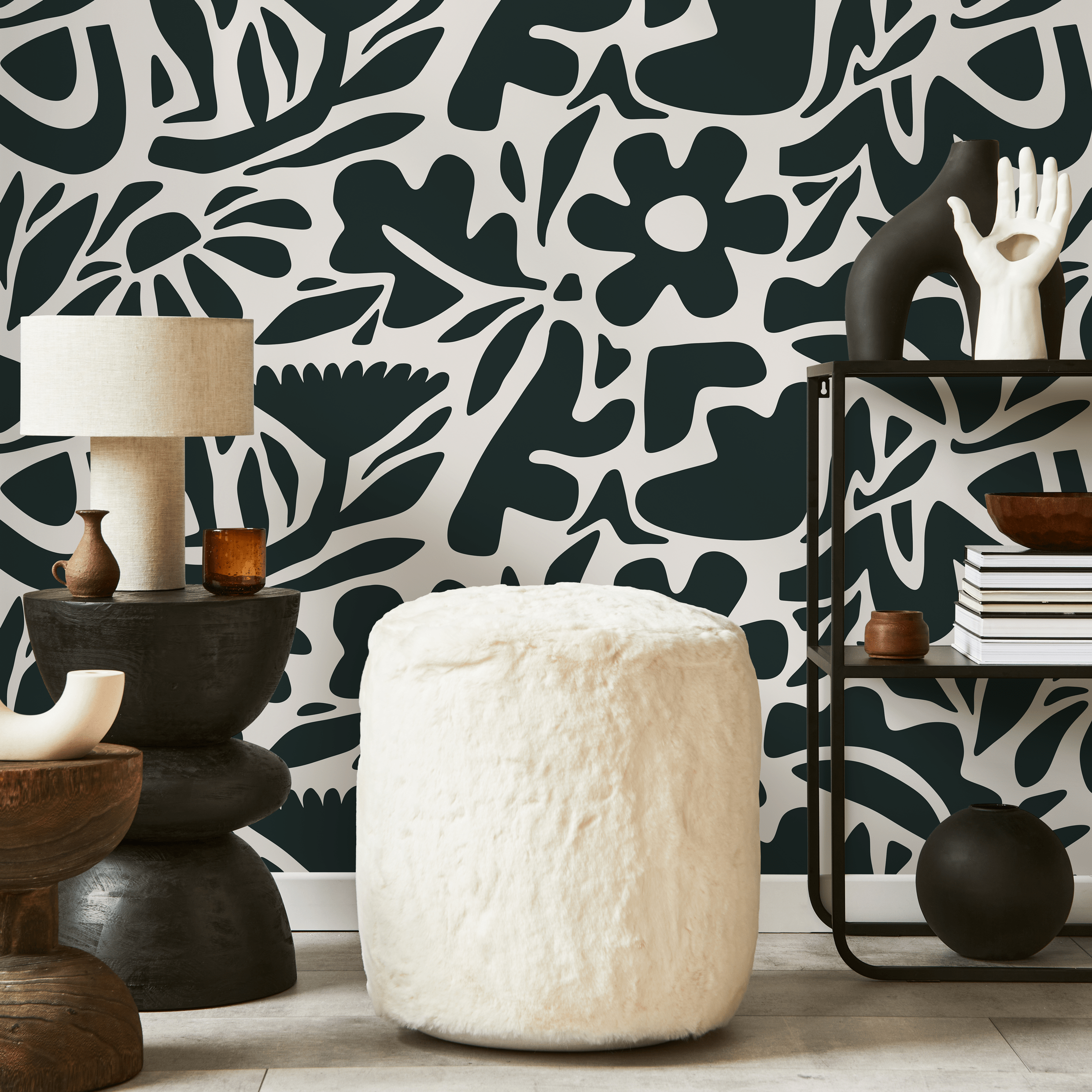 Abstract Wallpaper With A Bold Botanical Motif In Dark Green And Off-white - D675