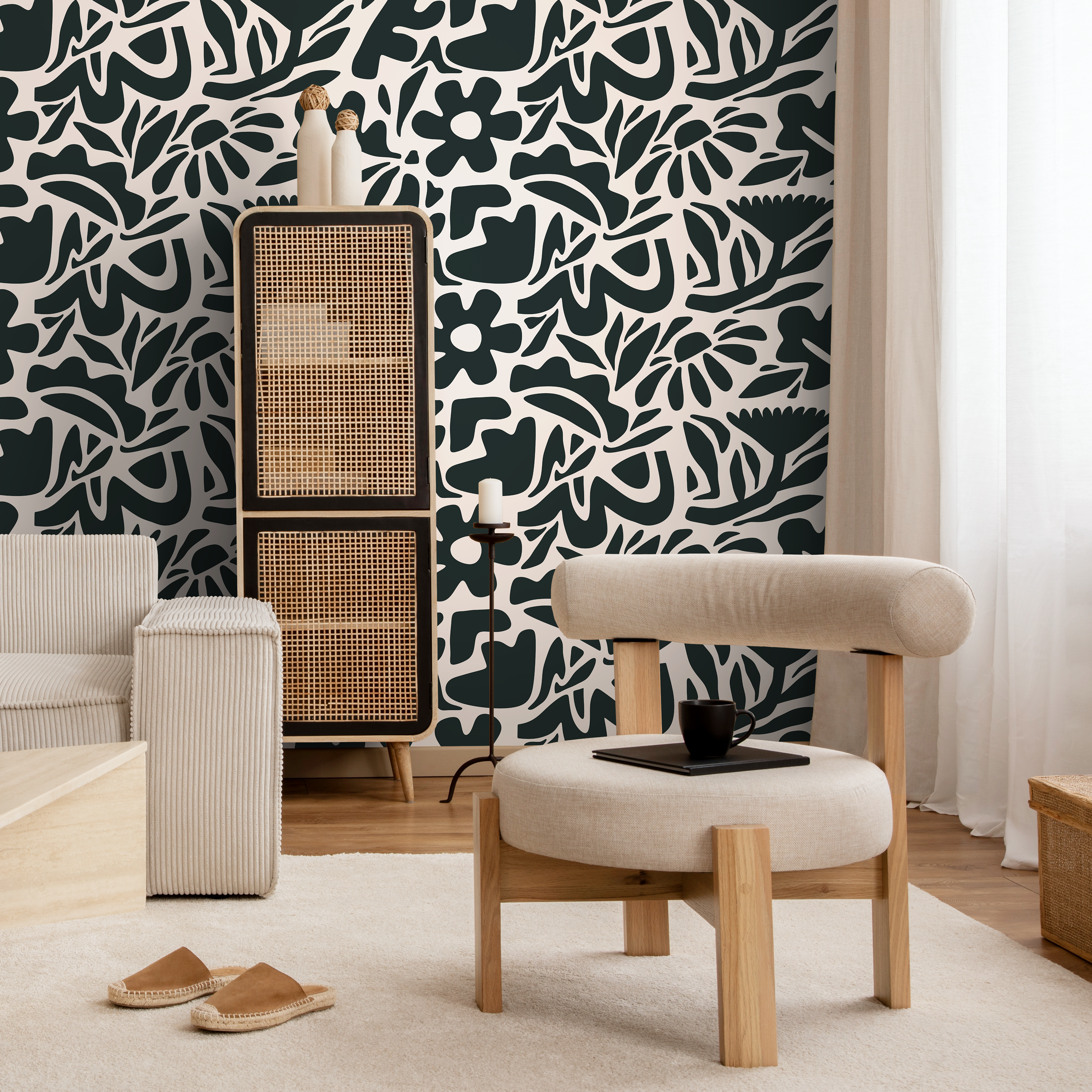 Abstract Wallpaper With A Bold Botanical Motif In Dark Green And Off-white - D675