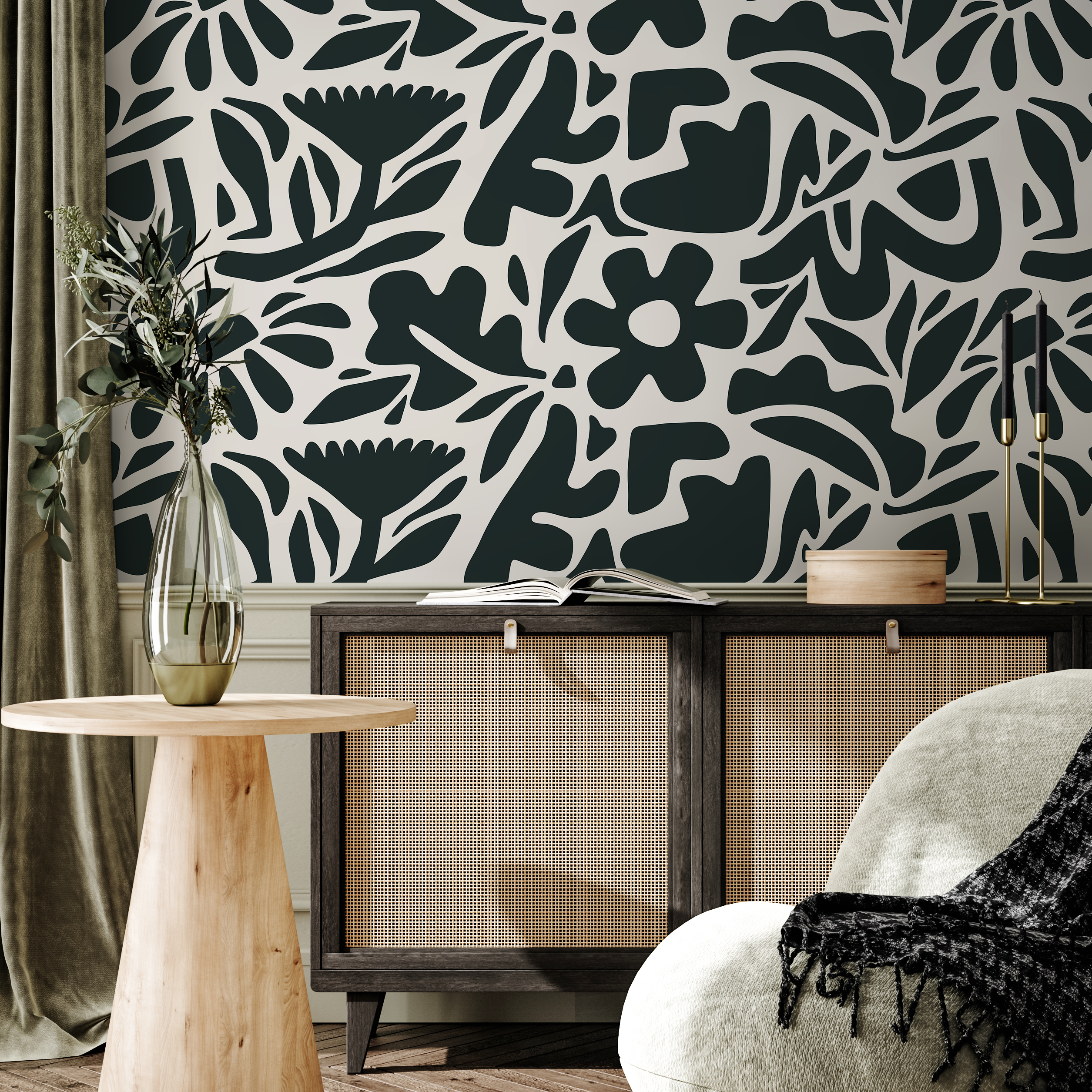 Abstract Wallpaper With A Bold Botanical Motif In Dark Green And Off-white - D675
