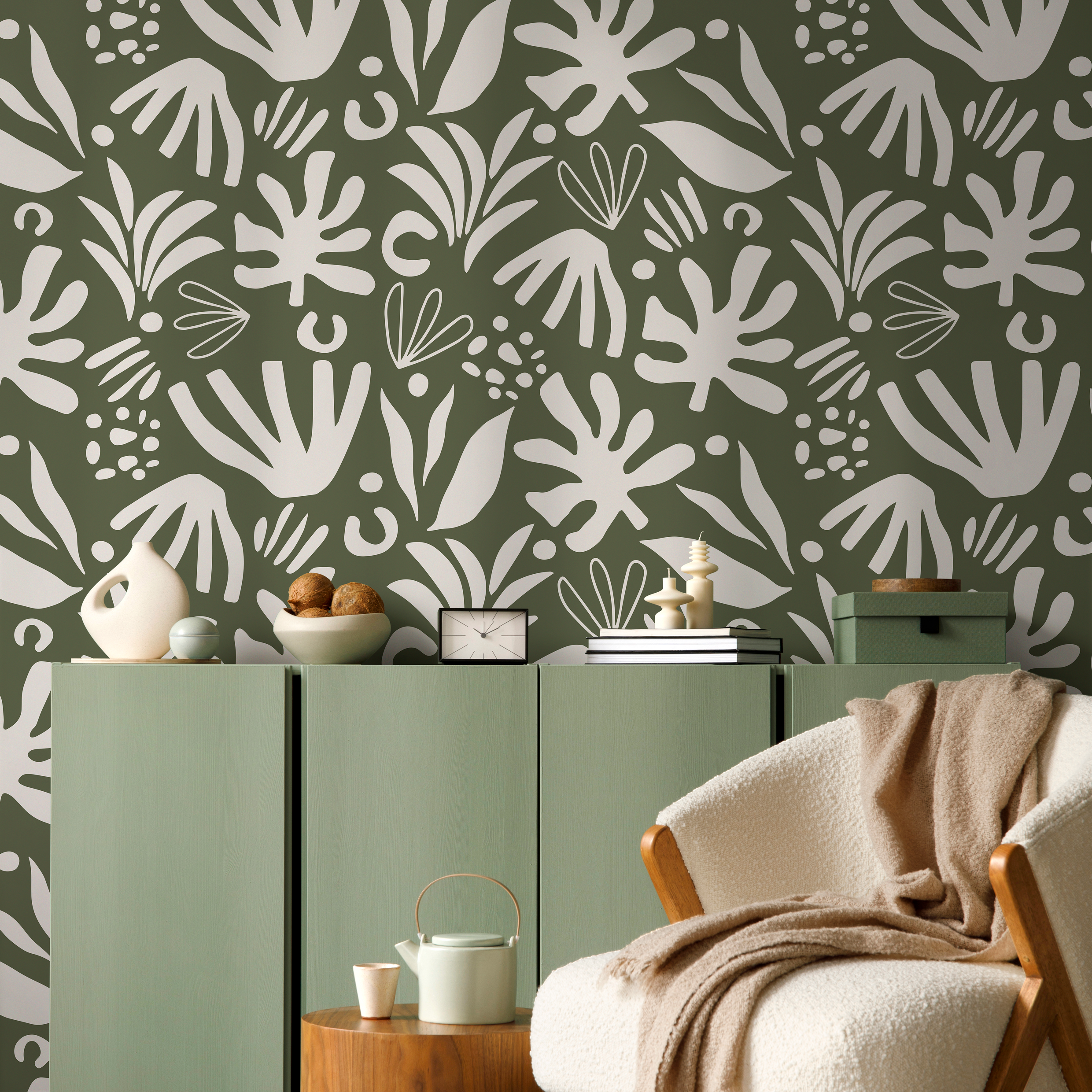Abstract Wallpaper With Botanical Cutouts In Green And White - D680