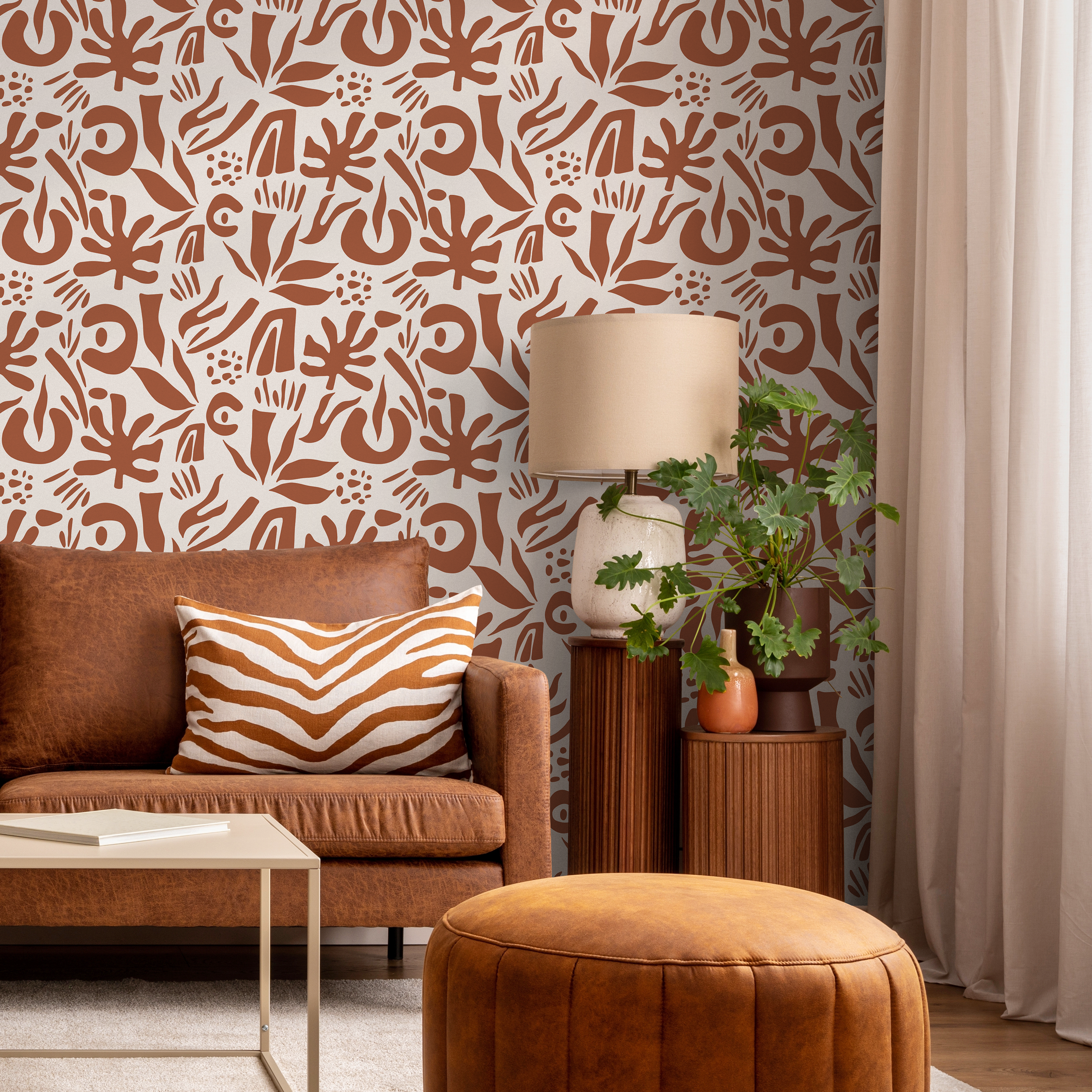 Abstract Wallpaper With Organic Leaf Shapes In Terracotta - D689