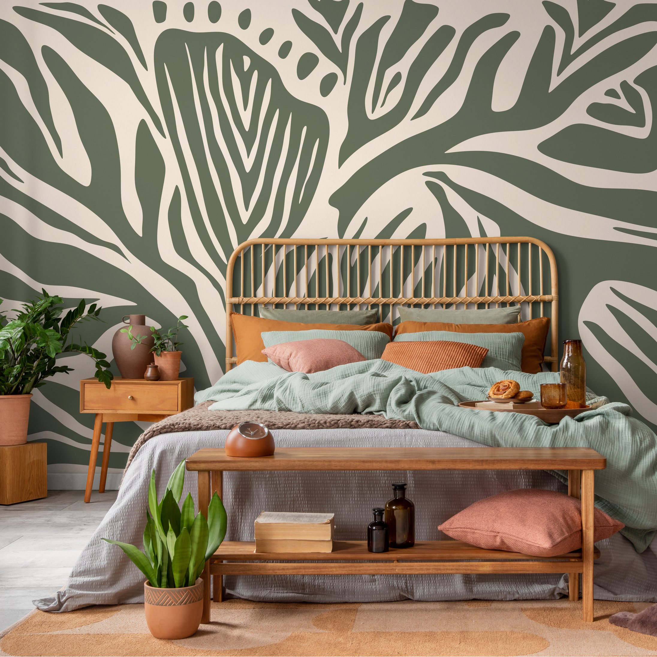 Abstract Wallpaper With Flowing Organic Shapes In Olive Green And Cream - D691