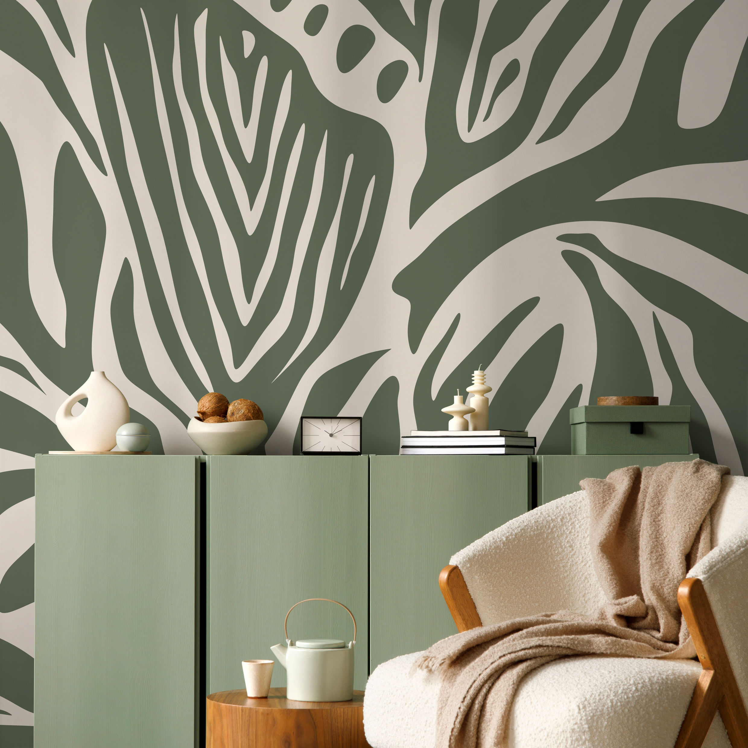 Abstract Wallpaper With Flowing Organic Shapes In Olive Green And Cream - D691