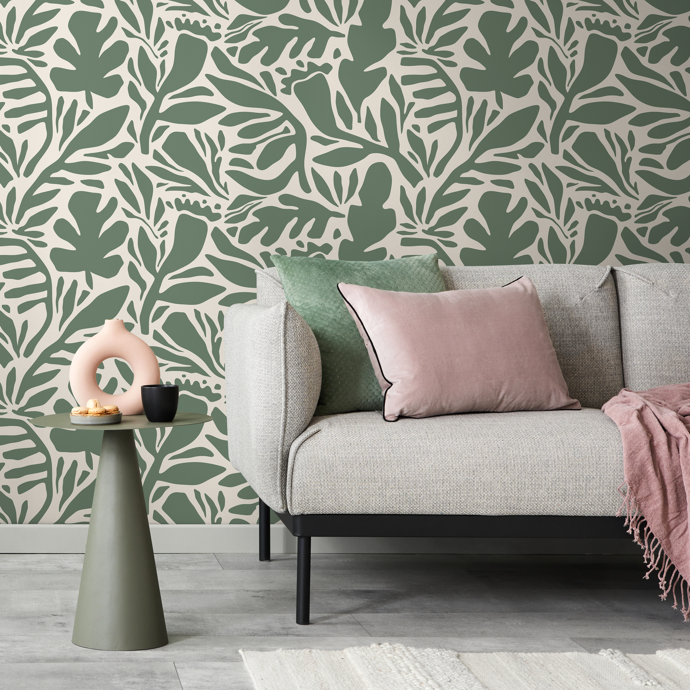 Abstract Wallpaper With A Stylized Leaf Motif In Sage Green And Cream - D697