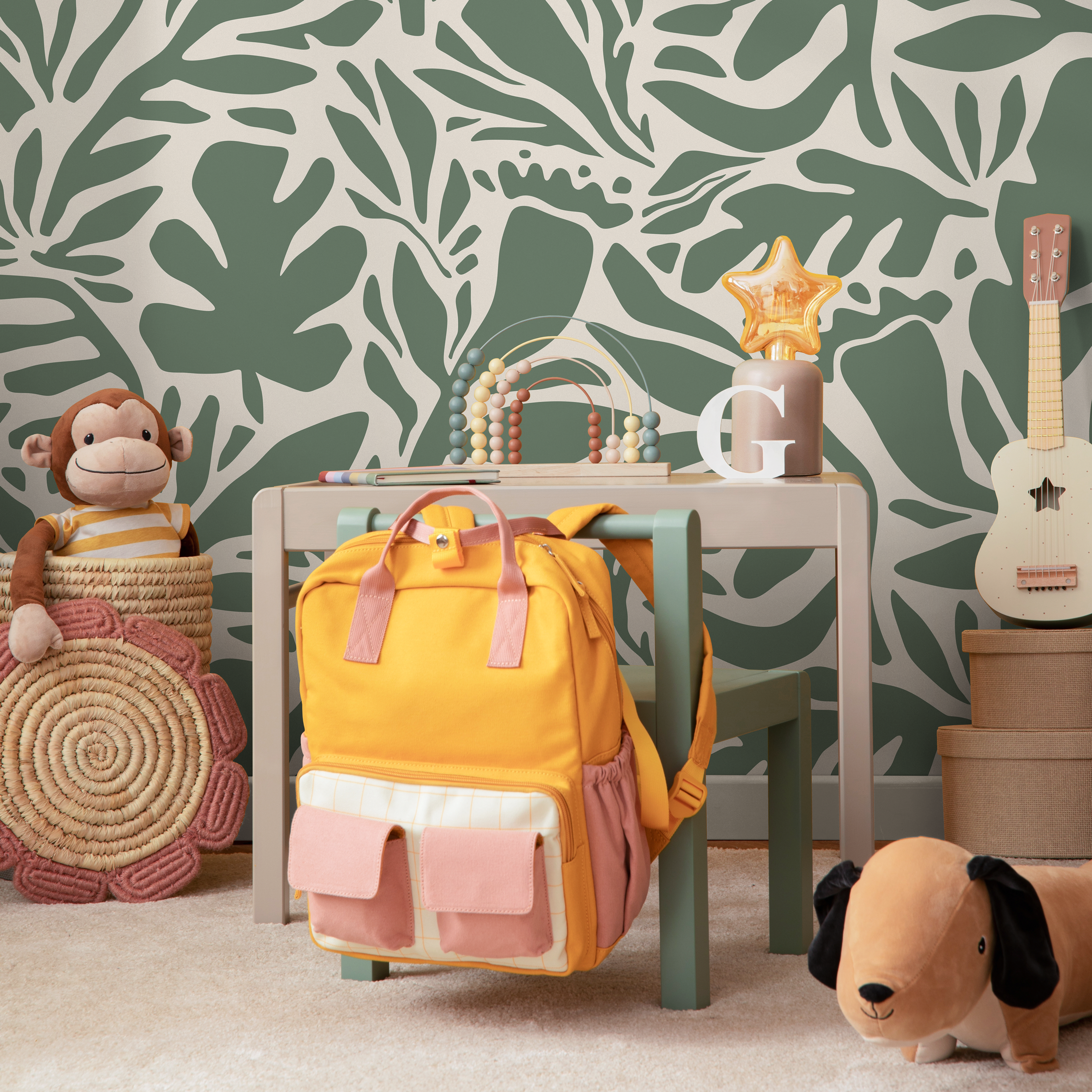 Abstract Wallpaper With A Stylized Leaf Motif In Sage Green And Cream - D697