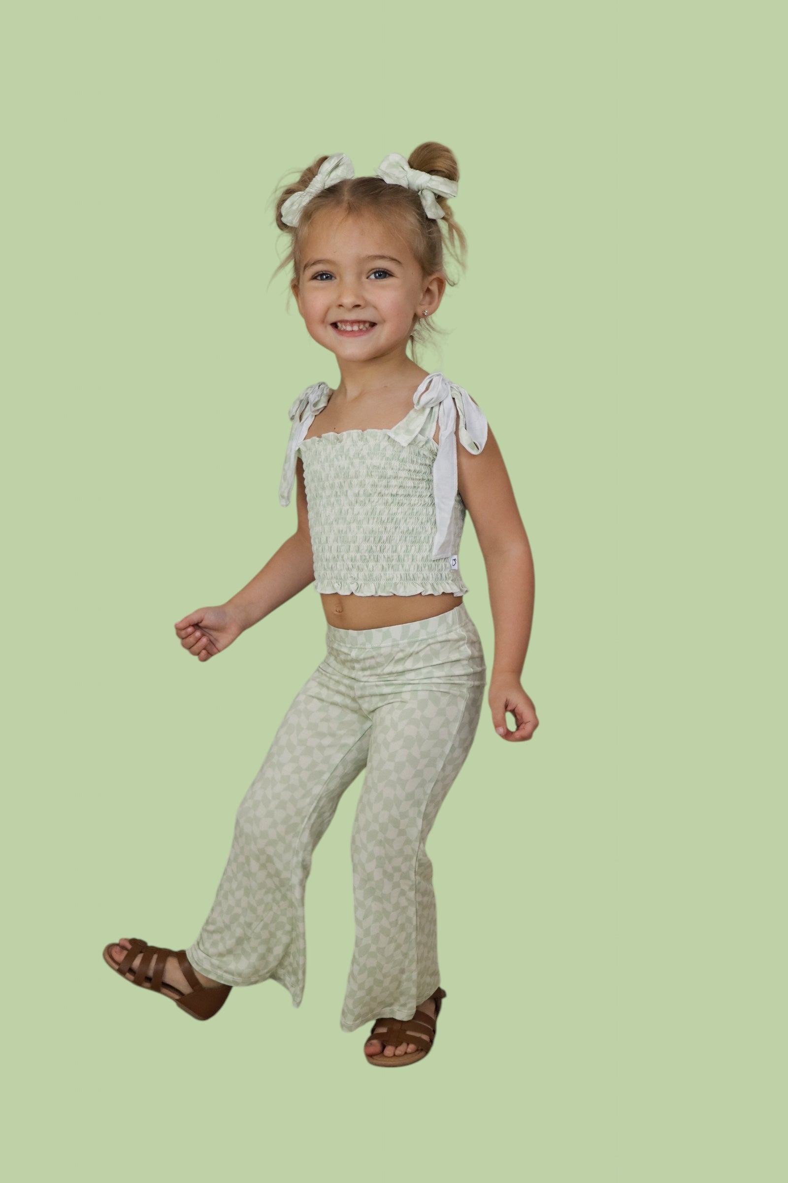 Sage Wavy Checkers Dream Smocked Flare Set