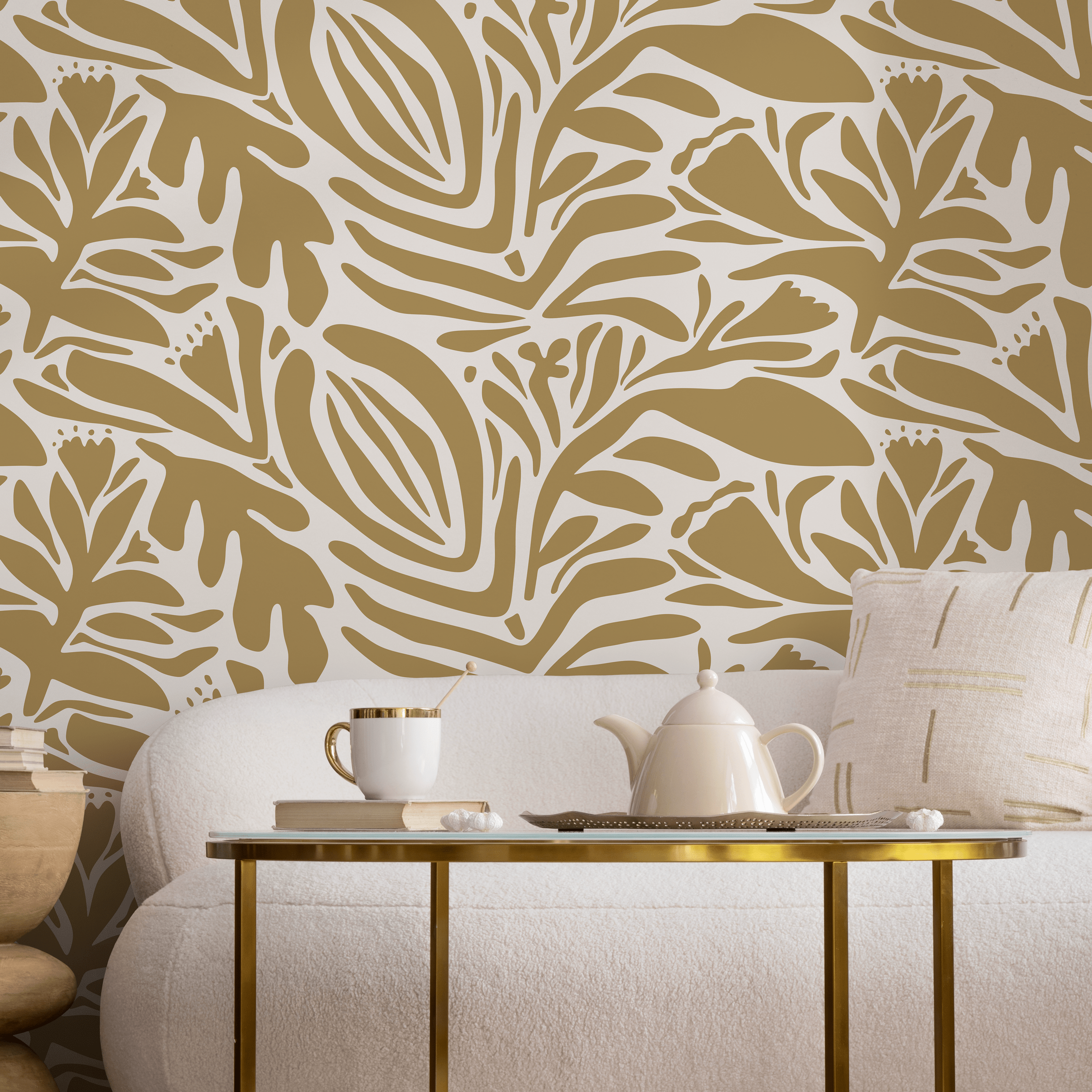 Abstract Wallpaper Featuring Stylized Botanicals In Mustard And Off-white - D702