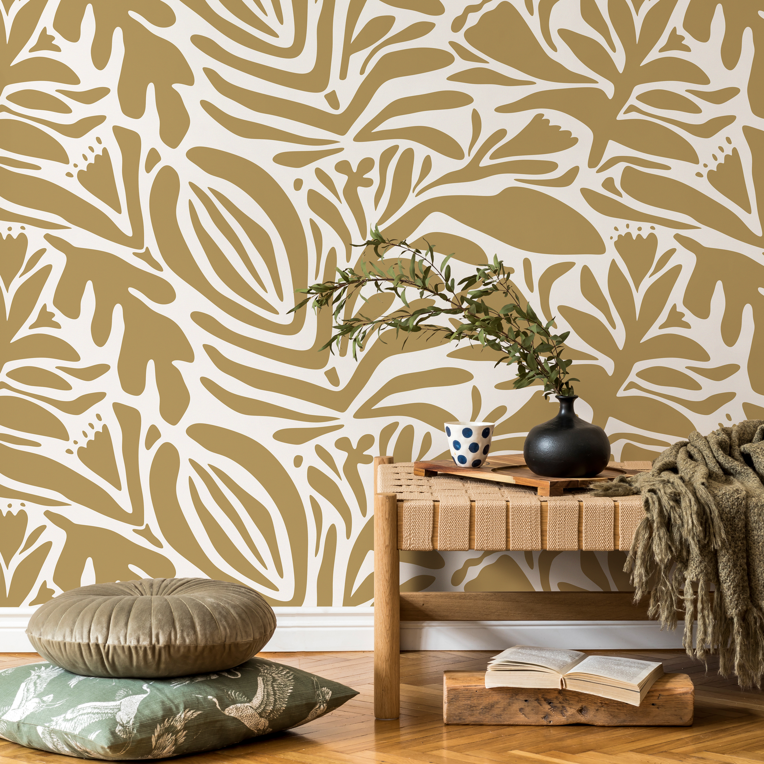 Abstract Wallpaper Featuring Stylized Botanicals In Mustard And Off-white - D702