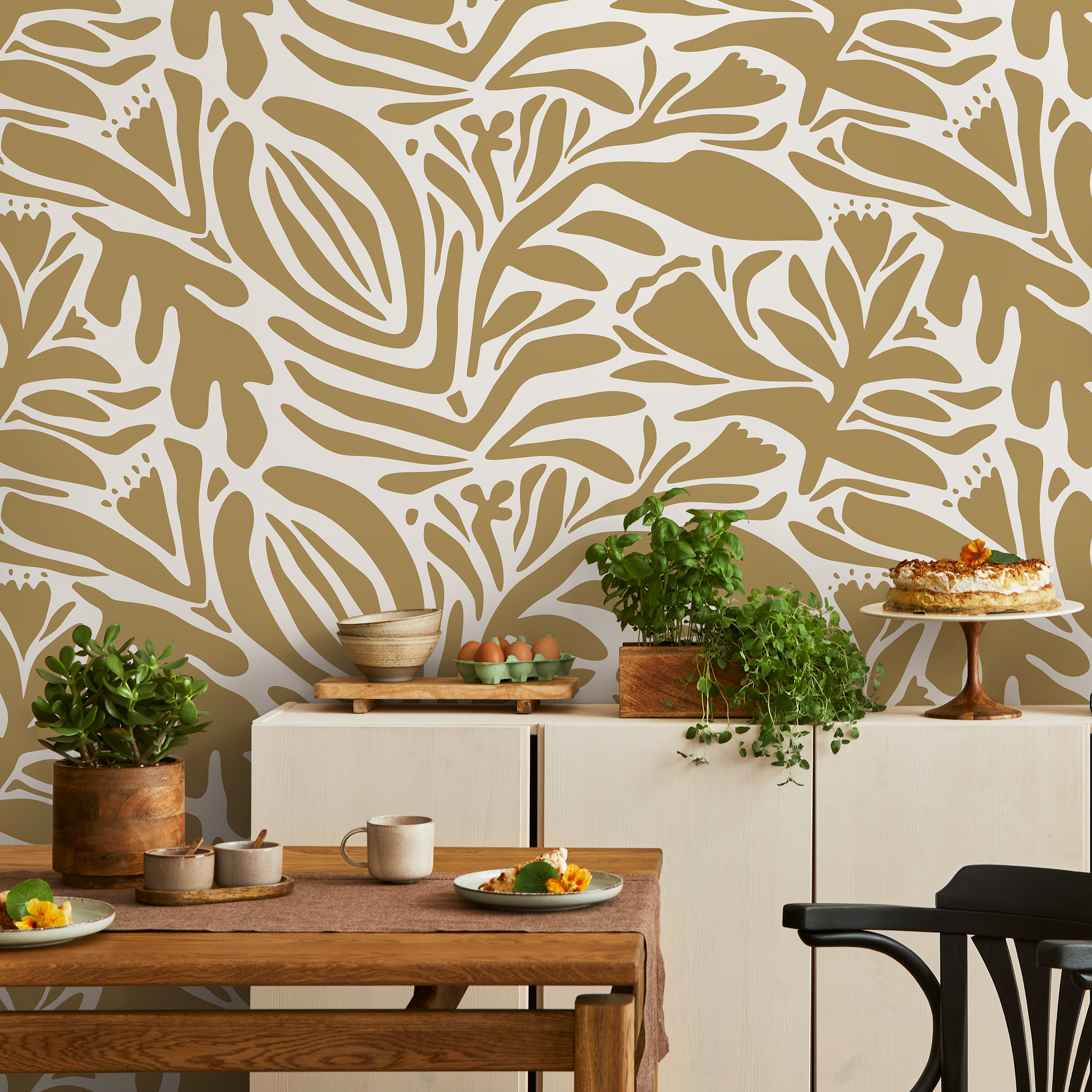 Abstract Wallpaper Featuring Stylized Botanicals In Mustard And Off-white - D702