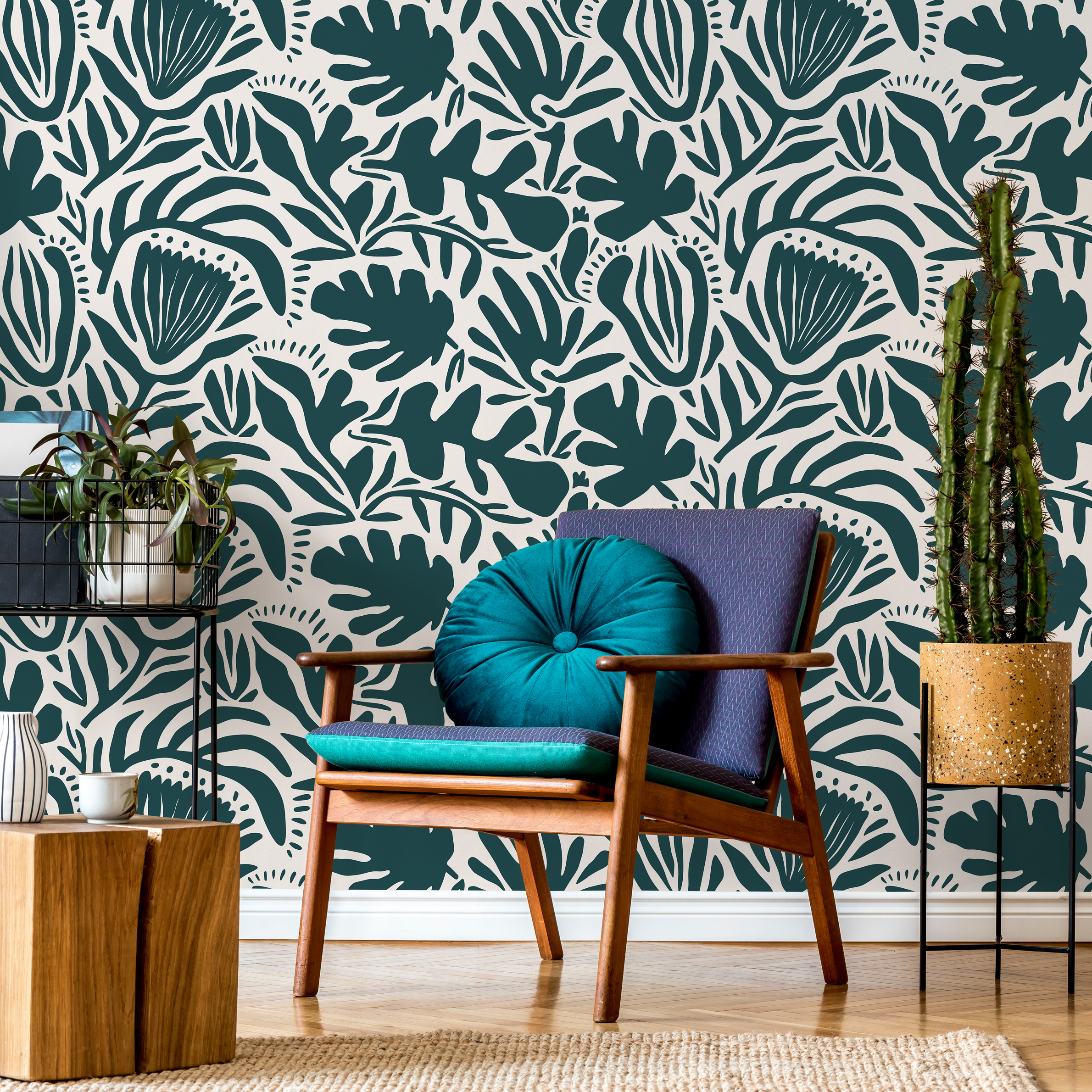 Abstract Floral Wallpaper With Modern Botanical Shapes In Green - D707