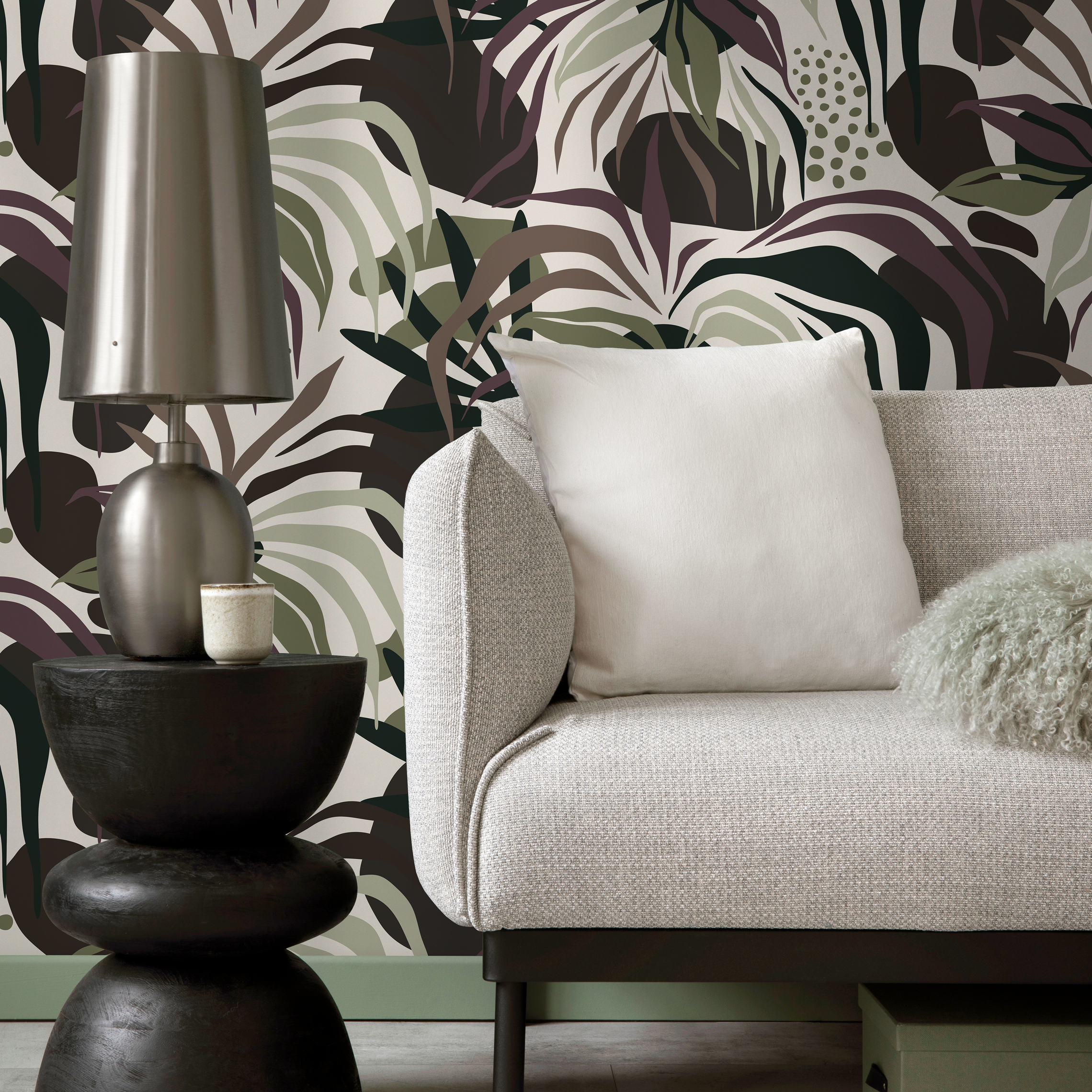 Botanical Wallpaper With Abstract Leaves In Green, Purple, And Brown - D713