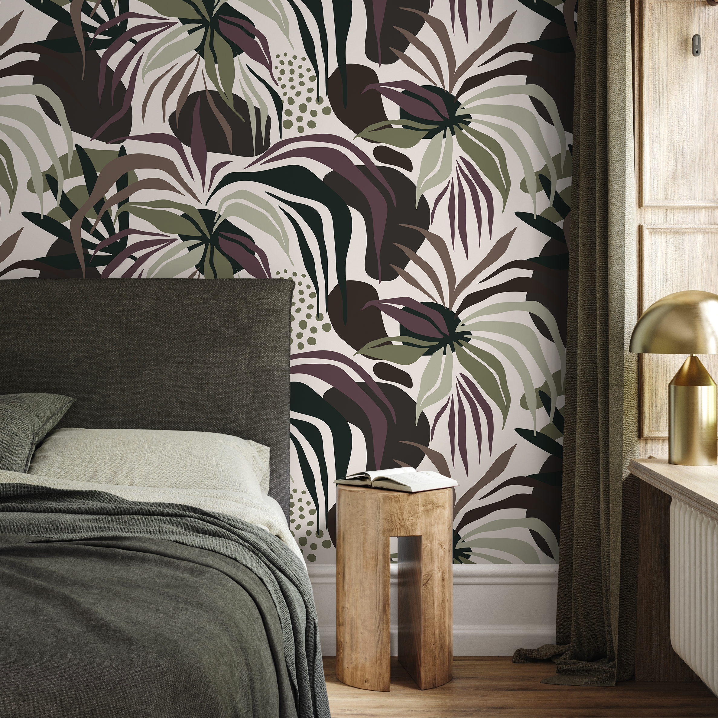 Botanical Wallpaper With Abstract Leaves In Green, Purple, And Brown - D713