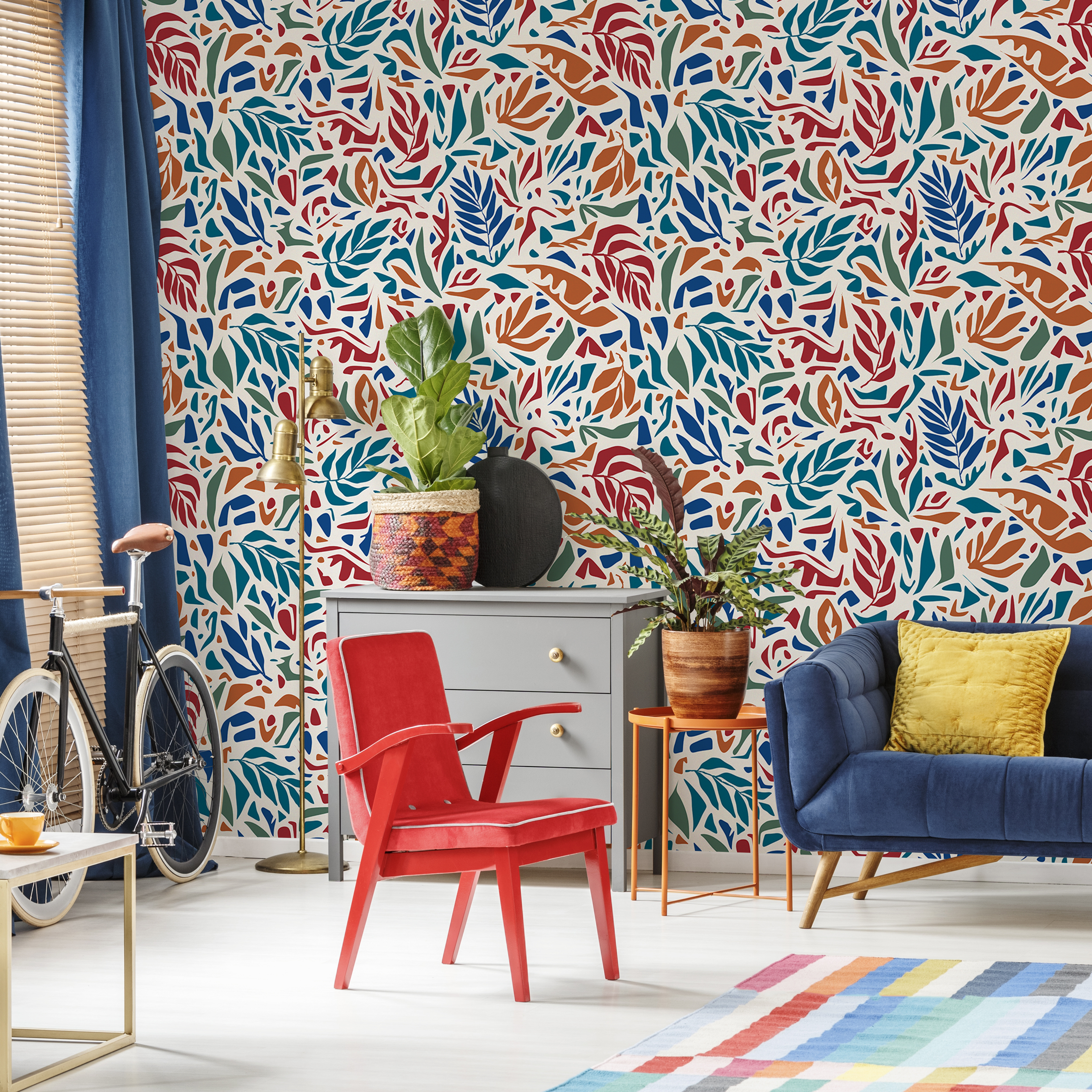 Abstract Wallpaper With Stylized Leaf Cutouts In Red, Blue, And Orange - D721